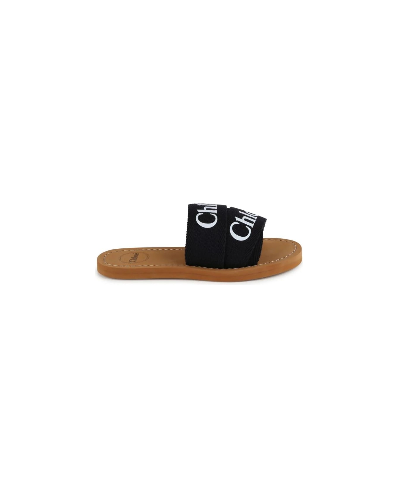 Chloé Woody Sandals In Black Canvas With Logo - Nero