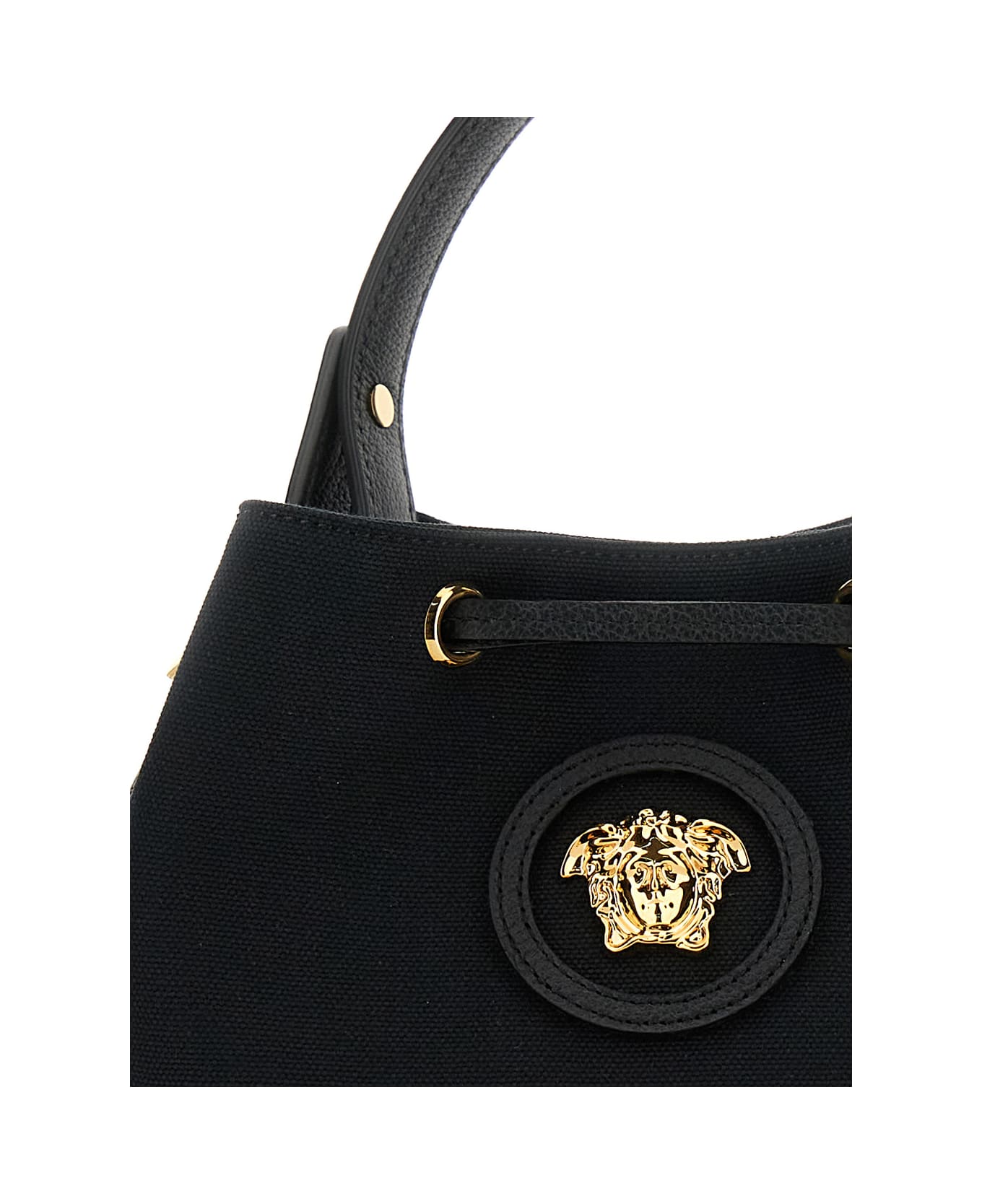 Versace 'la Medusa' Black Bucket Bag With Maxi Logo Lettering And Medusa Motif In Canvas Woman - Black