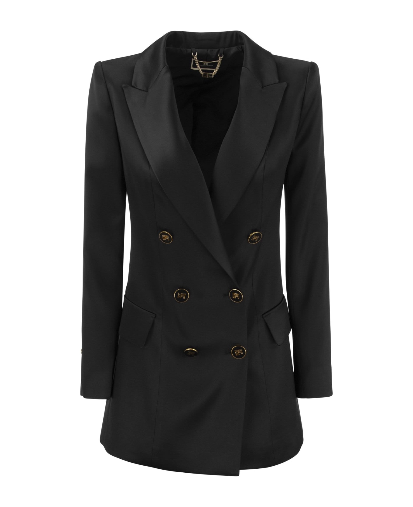 Elisabetta Franchi Satin Jacket With Logoed Buttons - Black レインコート