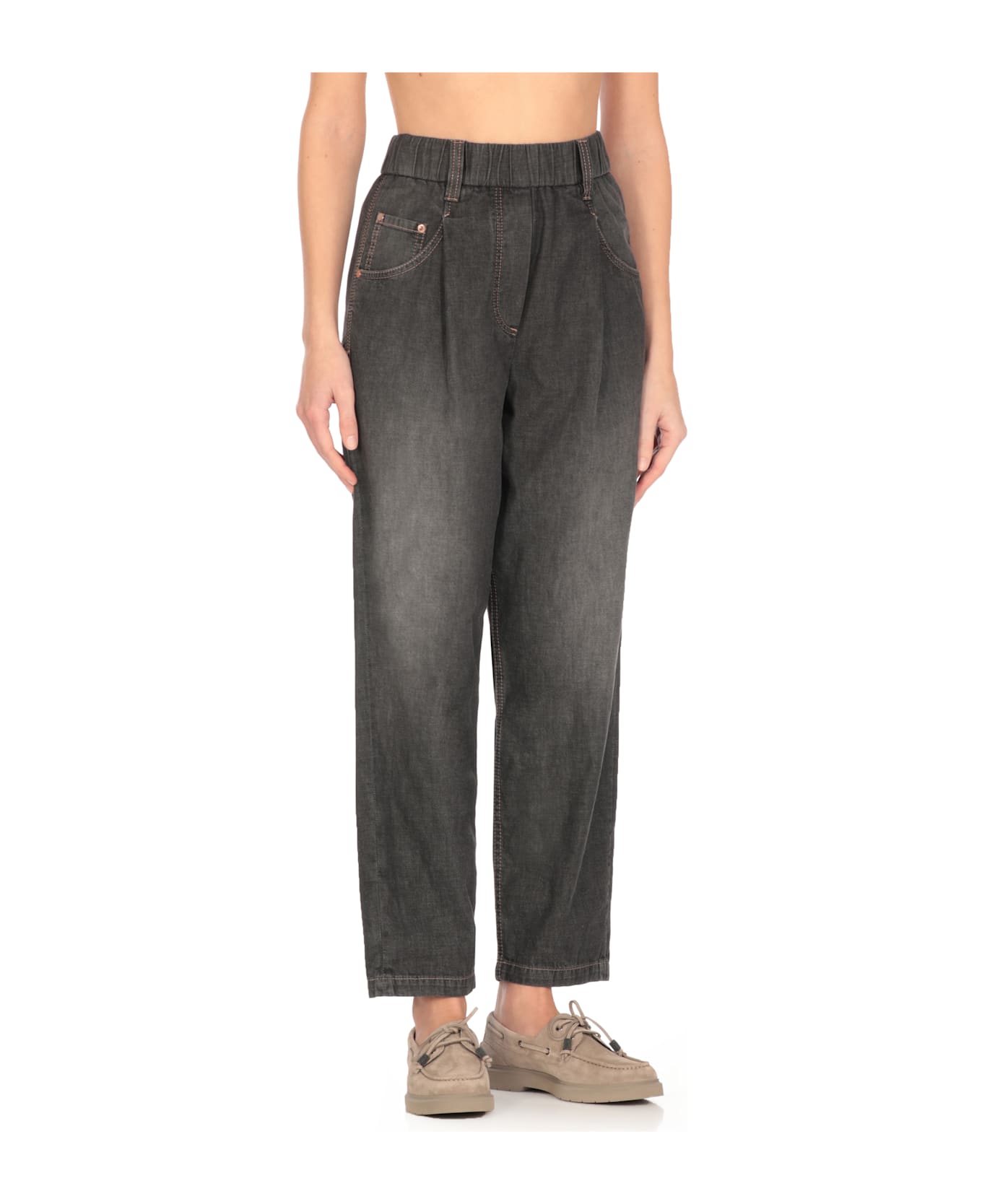 Brunello Cucinelli Grey Five Pocket Jeans With Elastic Waist In Cotton Woman - Grey