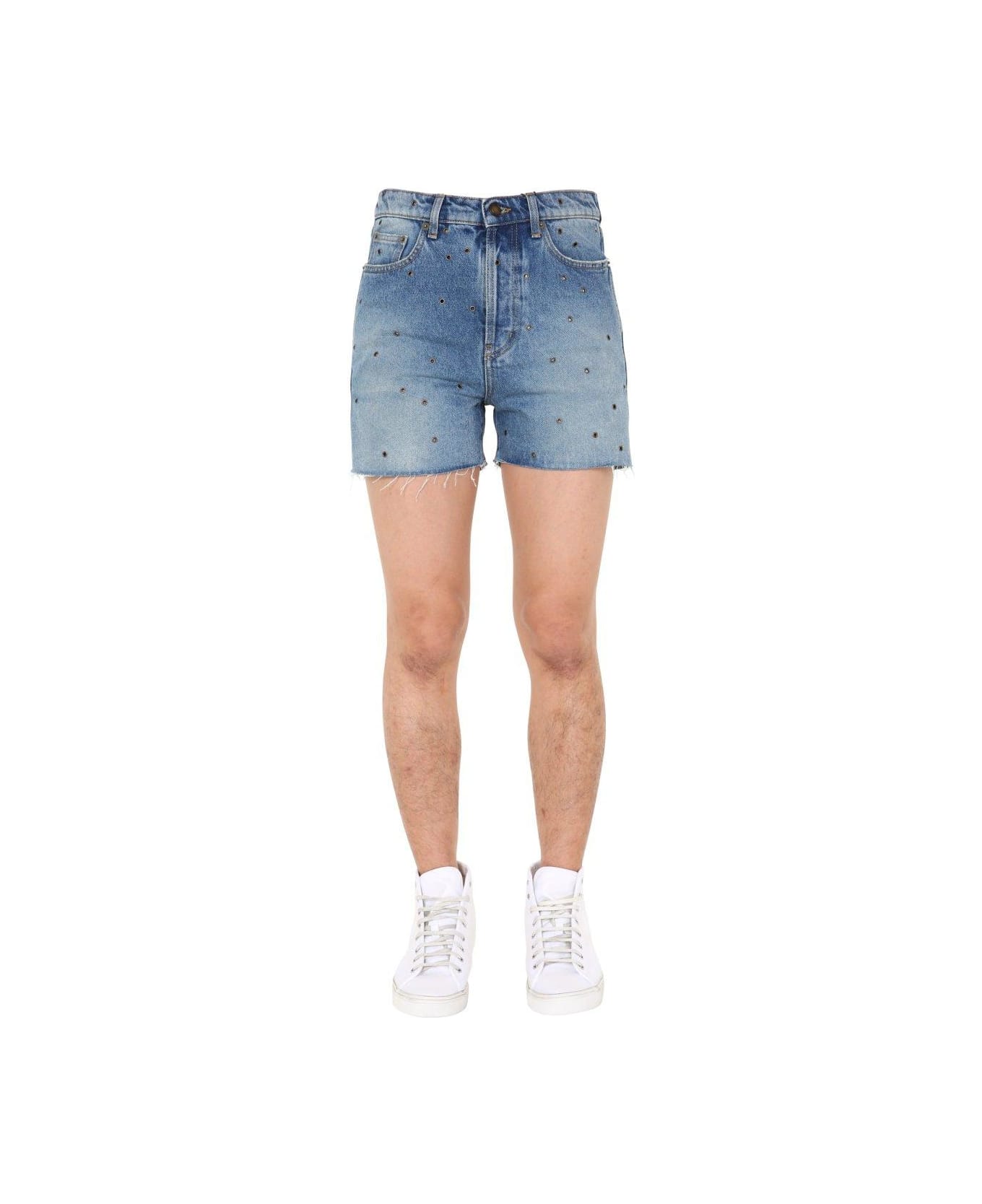 Saint Laurent Studded Denim Shorts - AZURE