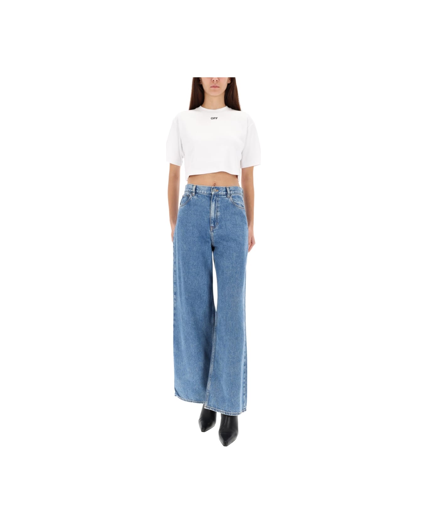 Off-White Ribbed Cropped T-shirt - WHITE