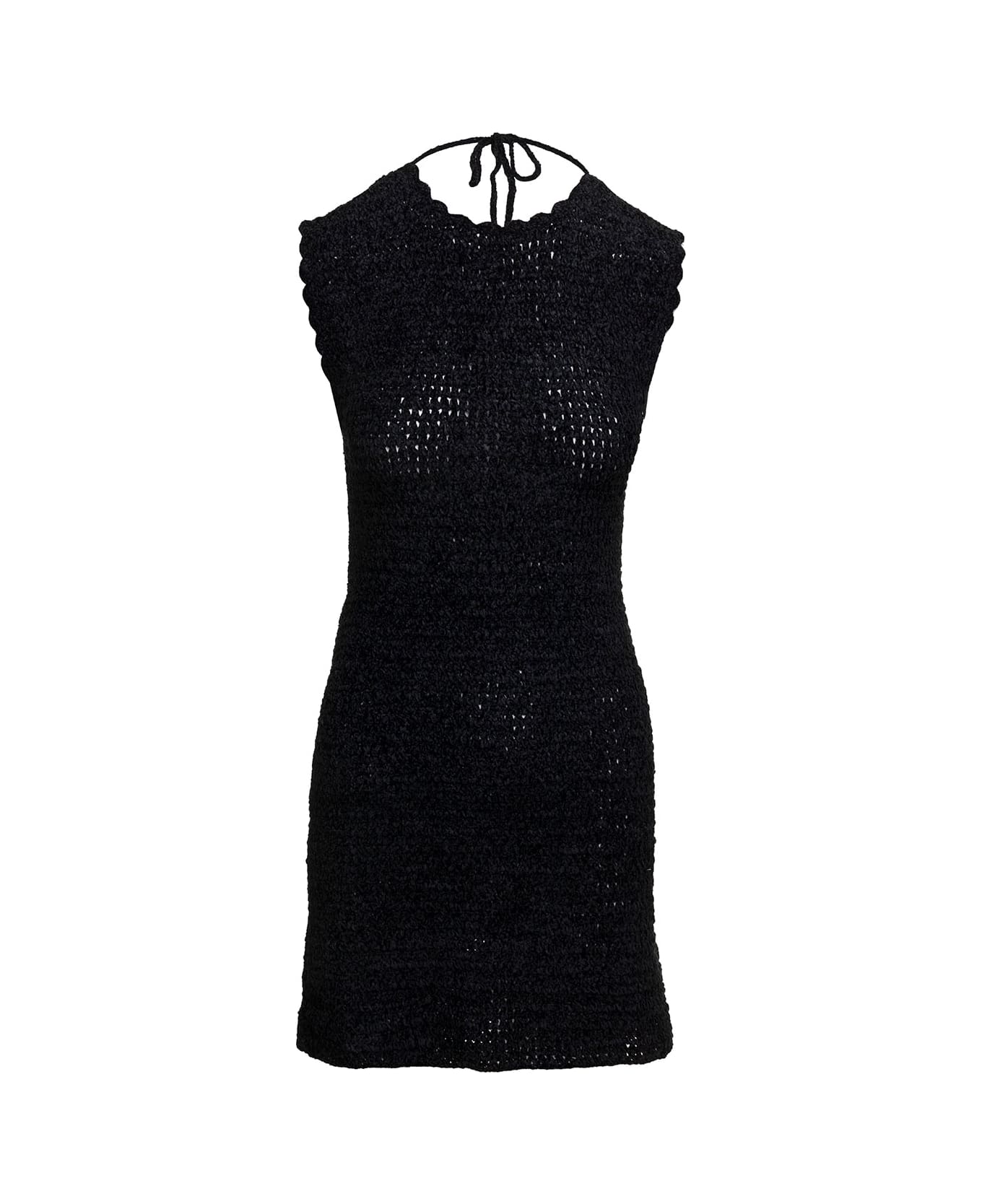 Ganni Mini Black Backless Dress With Logo Embroidery In Crochet Woman - Black