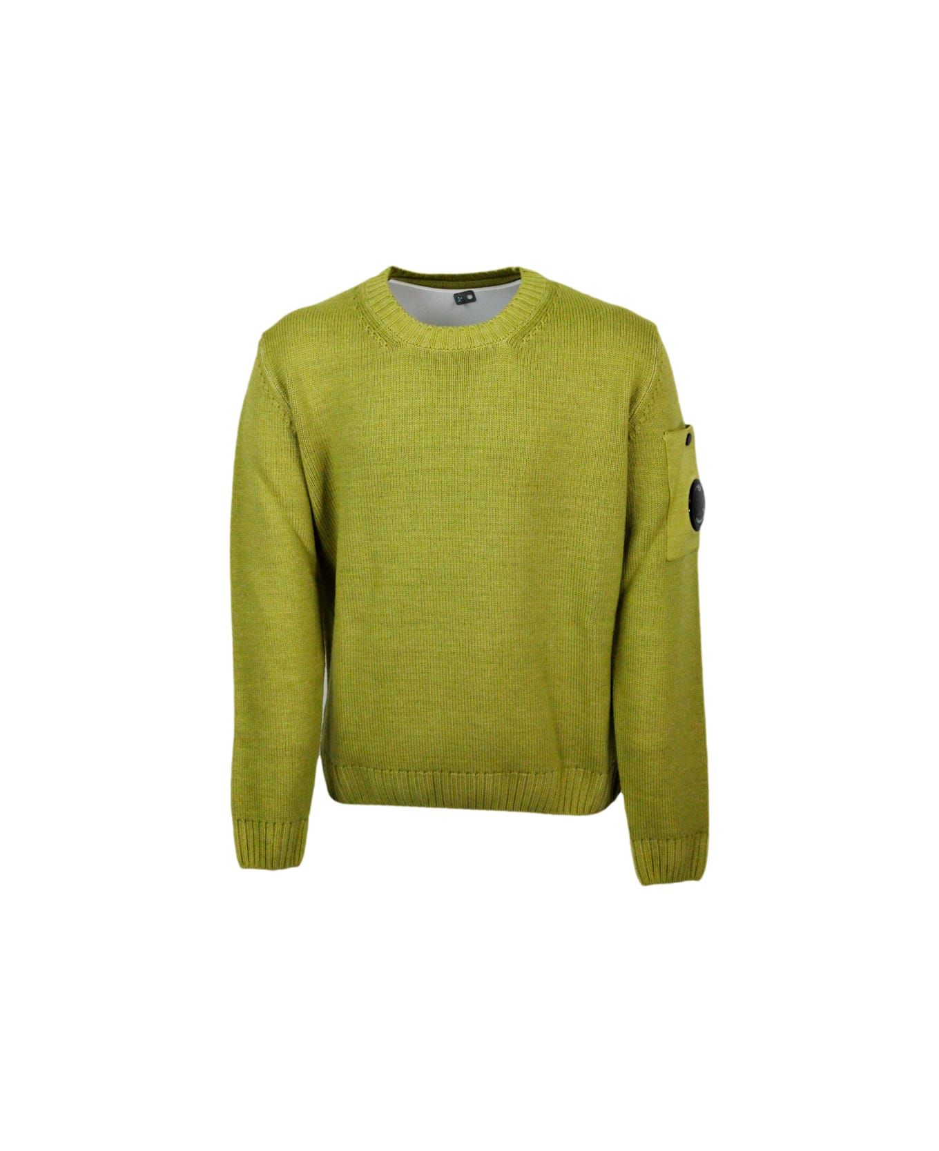C.P. Company Crewneck Wool Sweater With Logo On The Sleeve In Vanisè Color - Lime