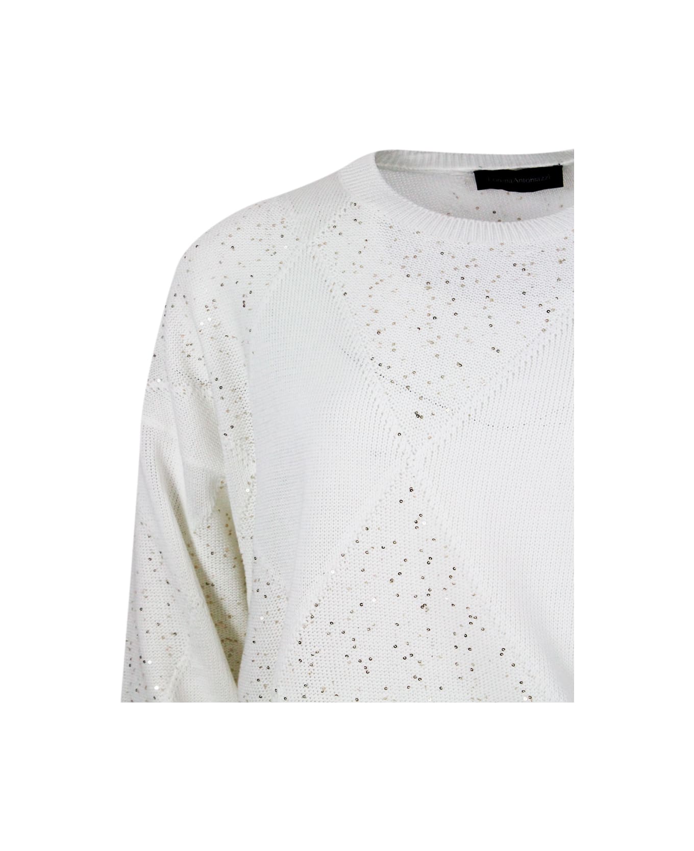 Lorena Antoniazzi Long-sleeved Crew-neck Sweater In Cotton Thread With Diamond Pattern Embellished With Microsequins - White