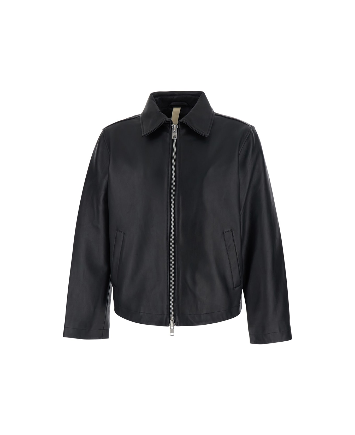 Sunflower Black Crop Jacket With Classic Collar And Dropped Shoulders In Leather Man - Black