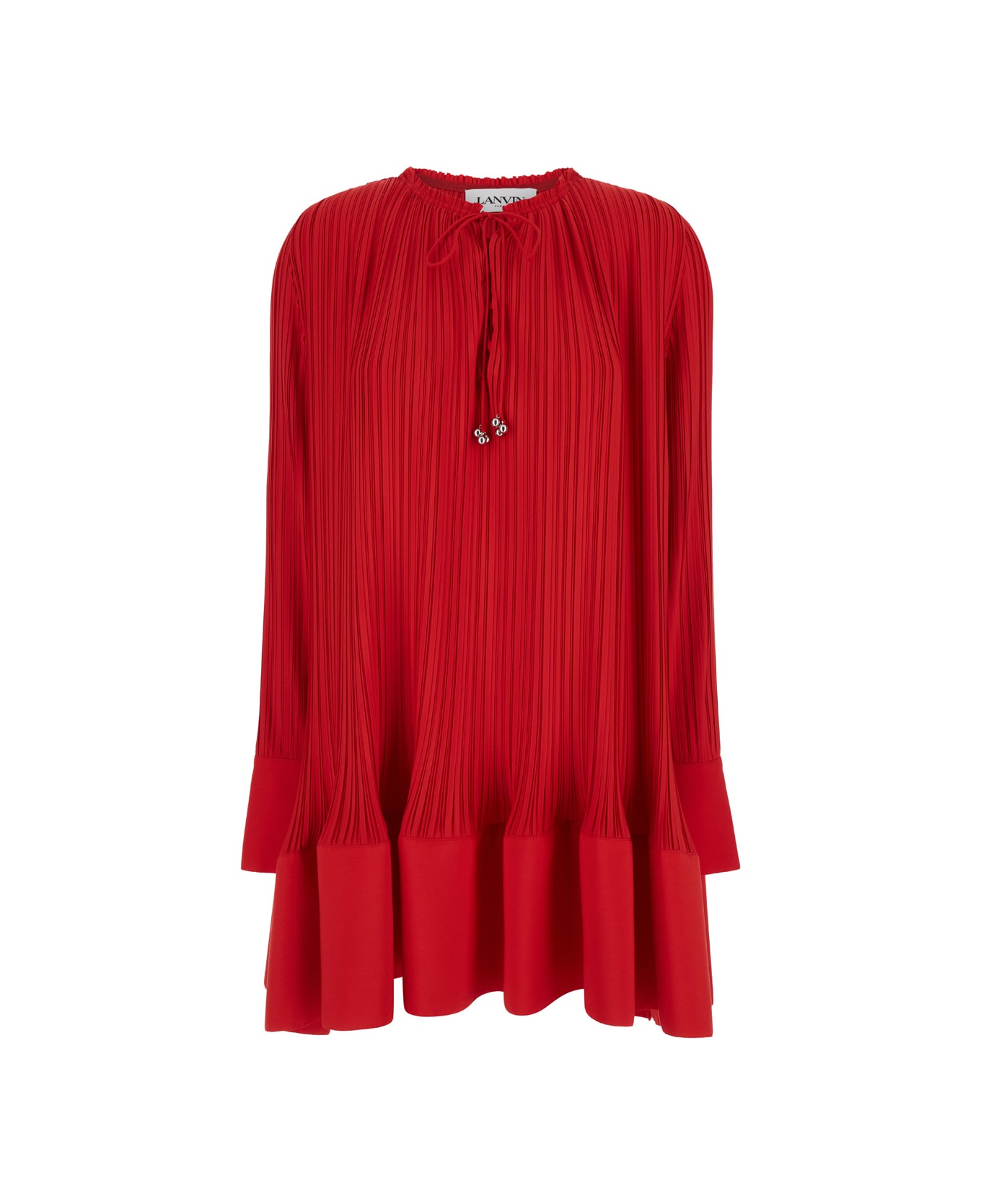 Lanvin Long Sleeve Flare Pleated Dress - Red