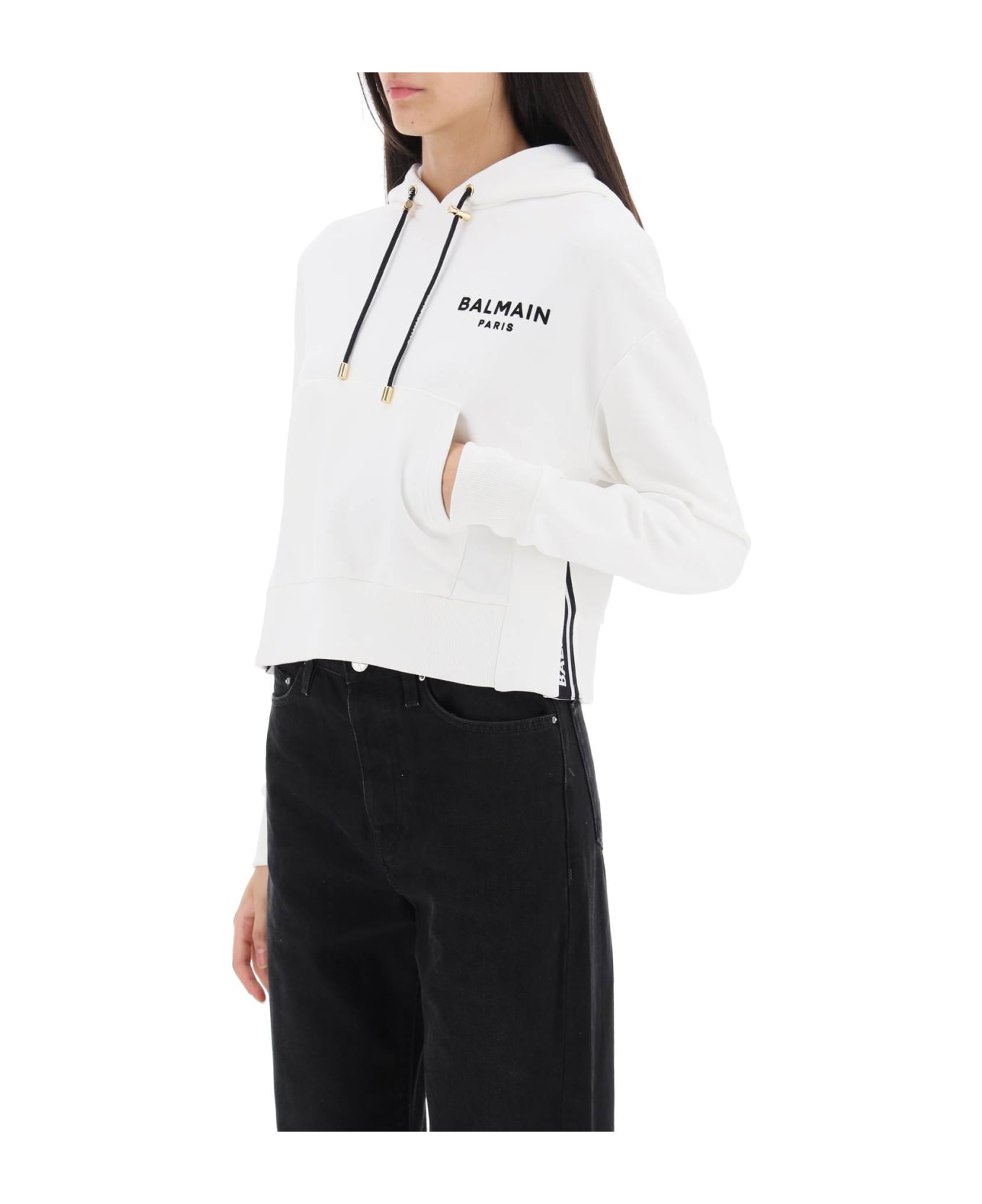 Balmain Cropped Sweatshirt With Flocked Logo Print - White