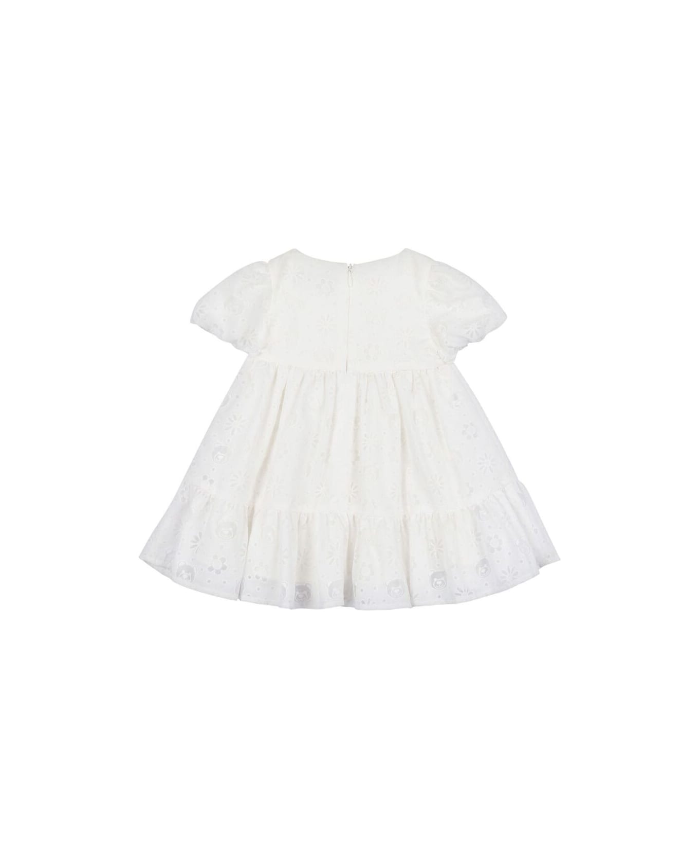 Moschino White Dress With Broderie Anglaise And Logo Plaque On The Front In Viscose Blend Baby - White