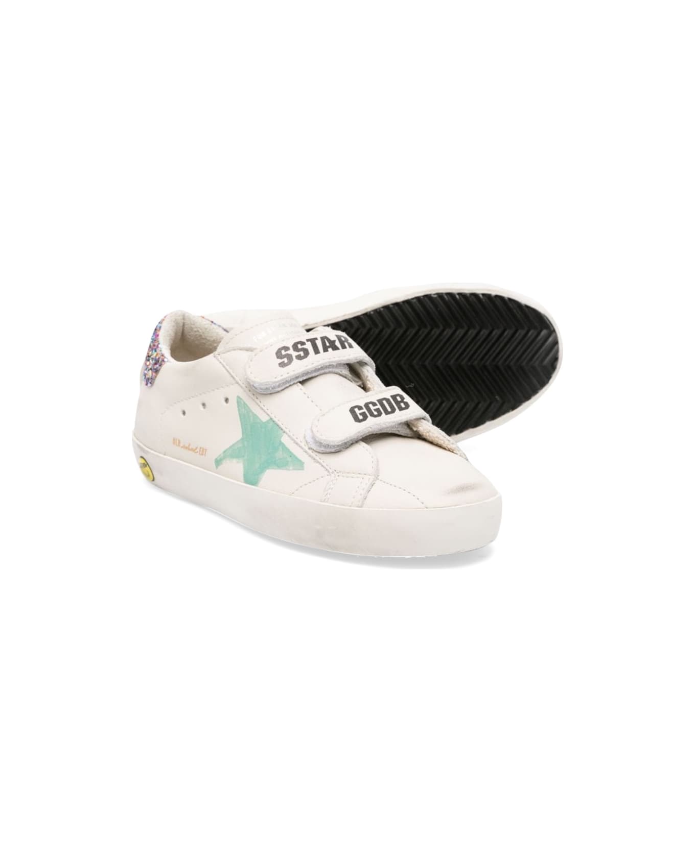 Golden Goose Old School Leather Upper And List Printed Star Glitter Heel - WHITE