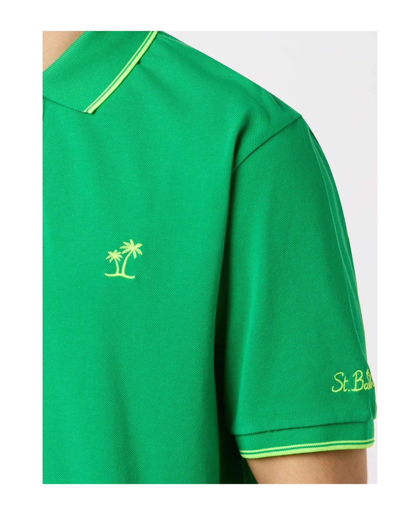 MC2 Saint Barth Man Green Cotton Piquet Polo Shirt Beverly Hills With Palm Embroidery - GREEN