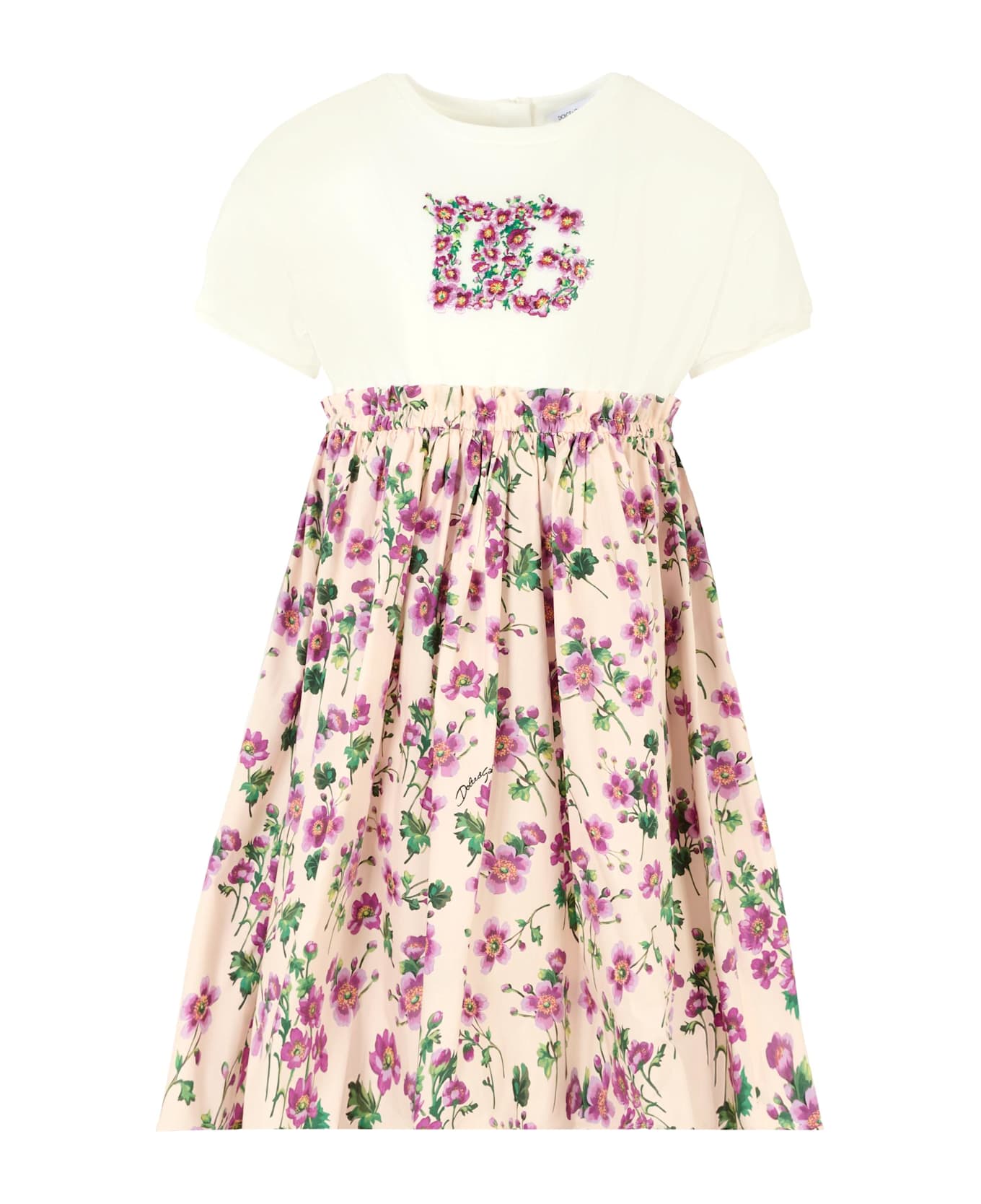 Dolce 
Gabbana Pink Dress For Girl With Flowers And Logo - Pink