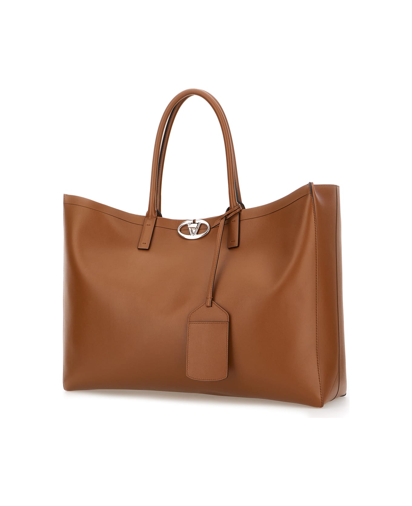 Valentino Garavani Brown Leather Medium Vlogo Locker Shopping Bag - Tabacco