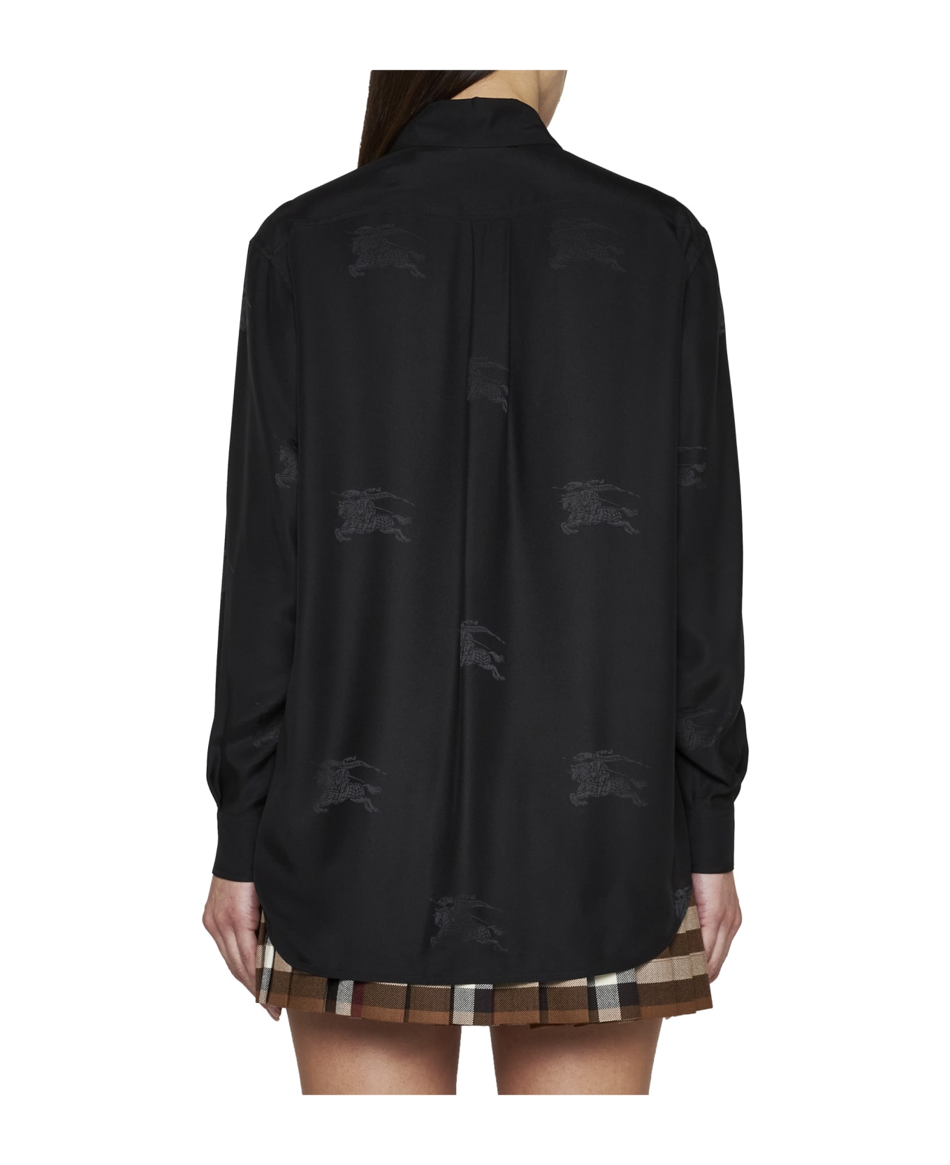 Burberry Black Loose Shirt With Tonal Logo Print In Silk Woman - Black ip pattern