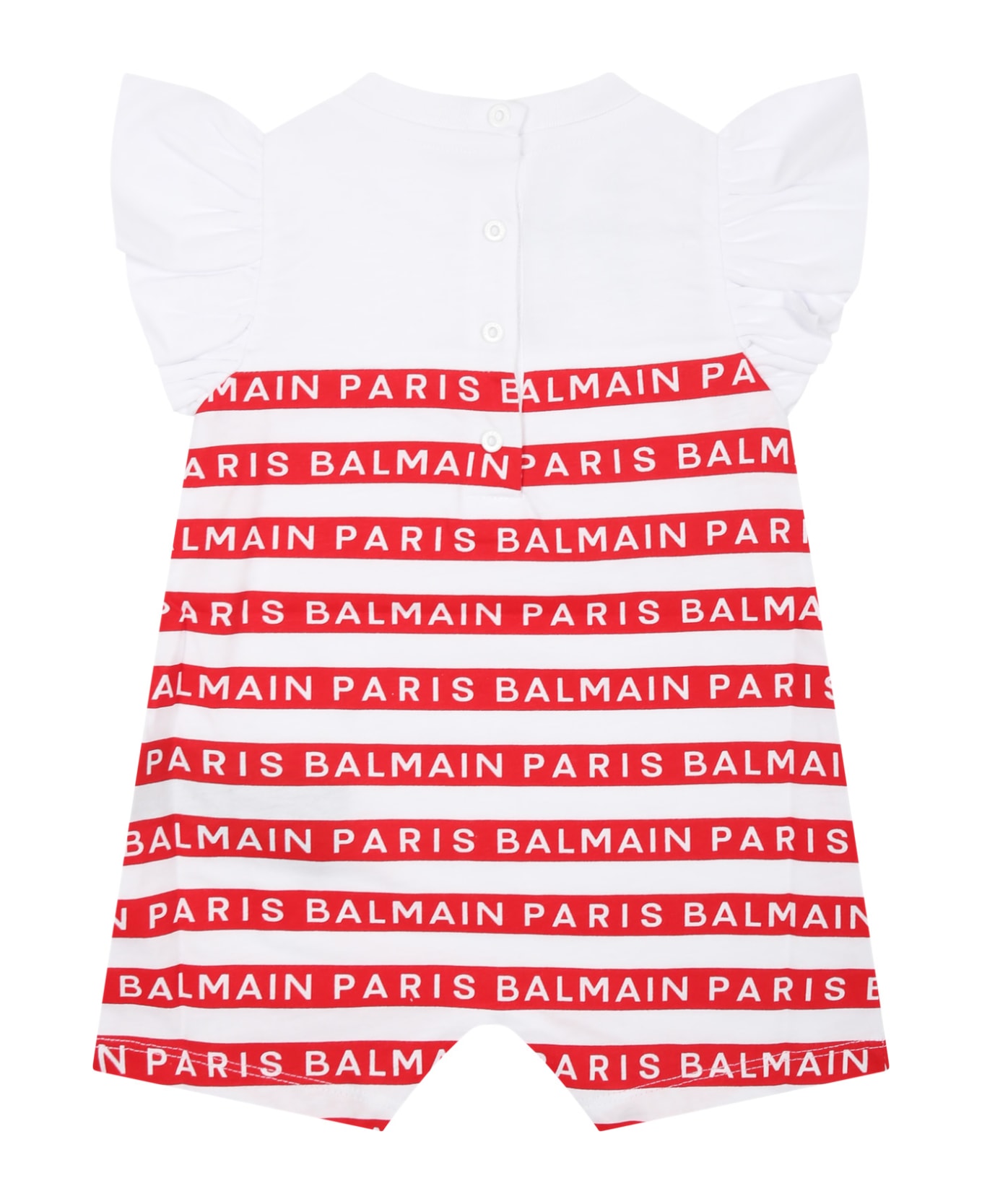Balmain White Romper For Baby Girl With Red Stripes And Logo - White