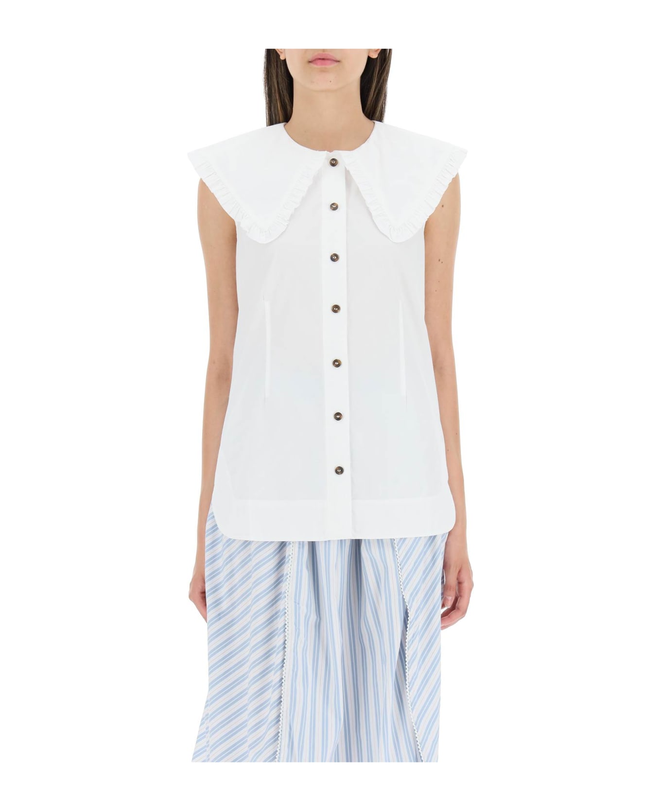 Ganni Cotton Sleeveless Shirt With Oversized Collar