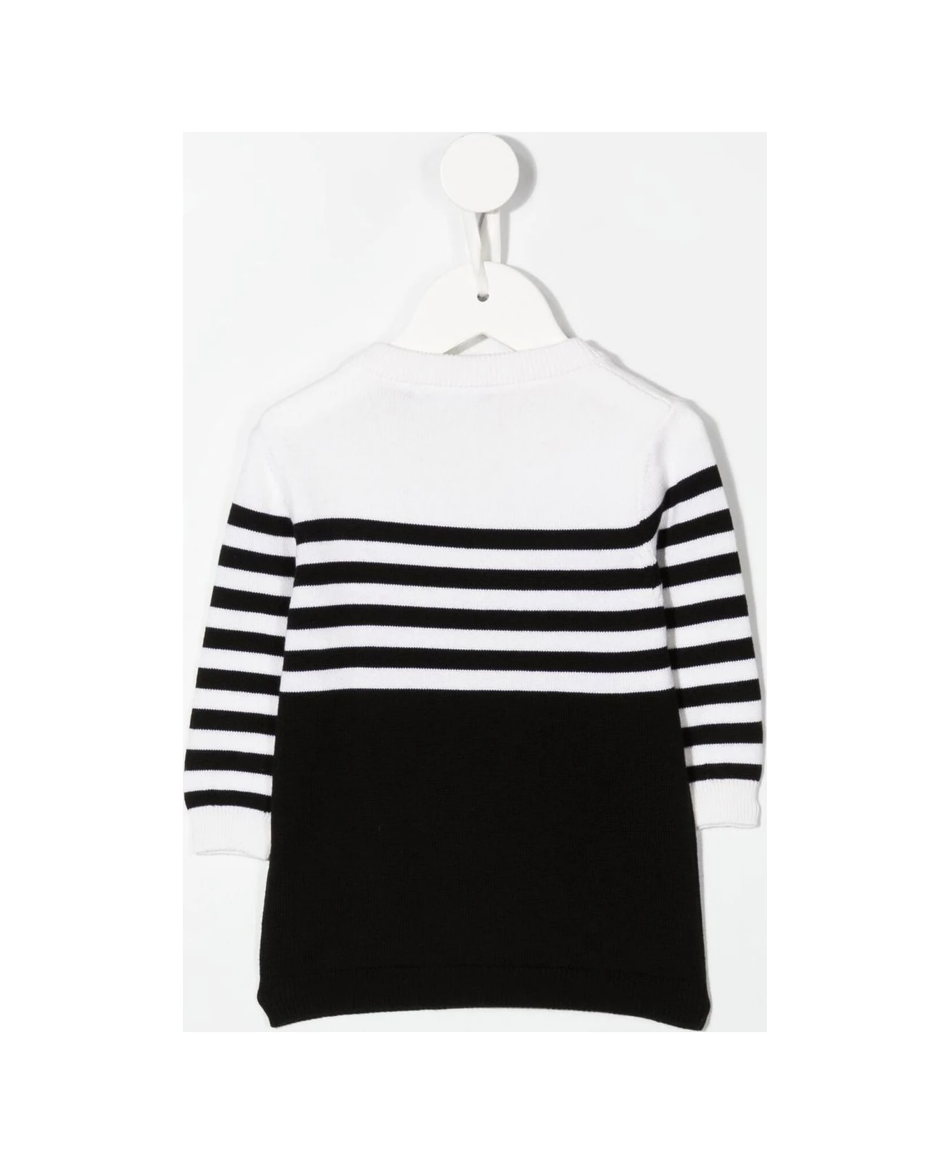 Balmain Baby Dress In White And Black Knit With Logo And Striped Pattern - Nero/bianco