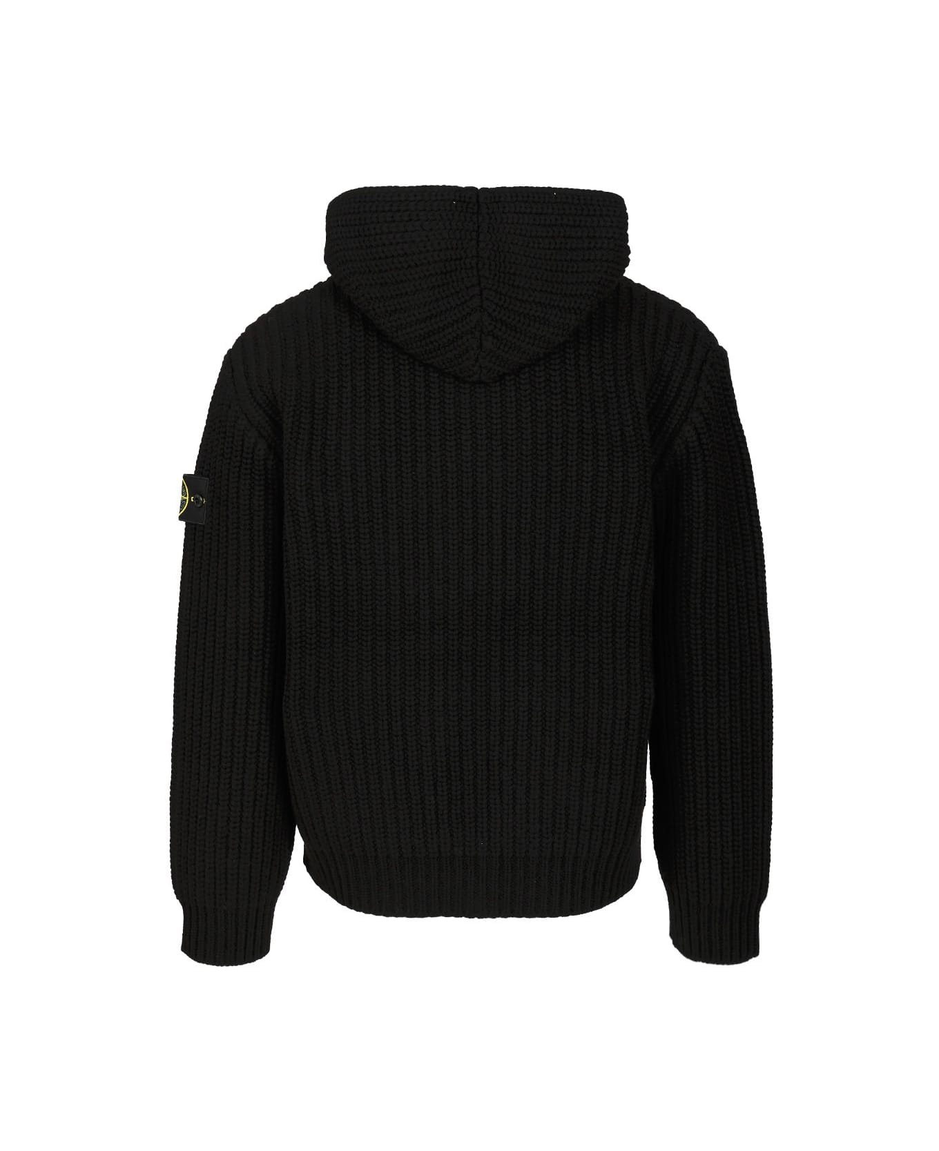 Stone Island Wool And Cashmere Hooded Cardigan - BLACK
