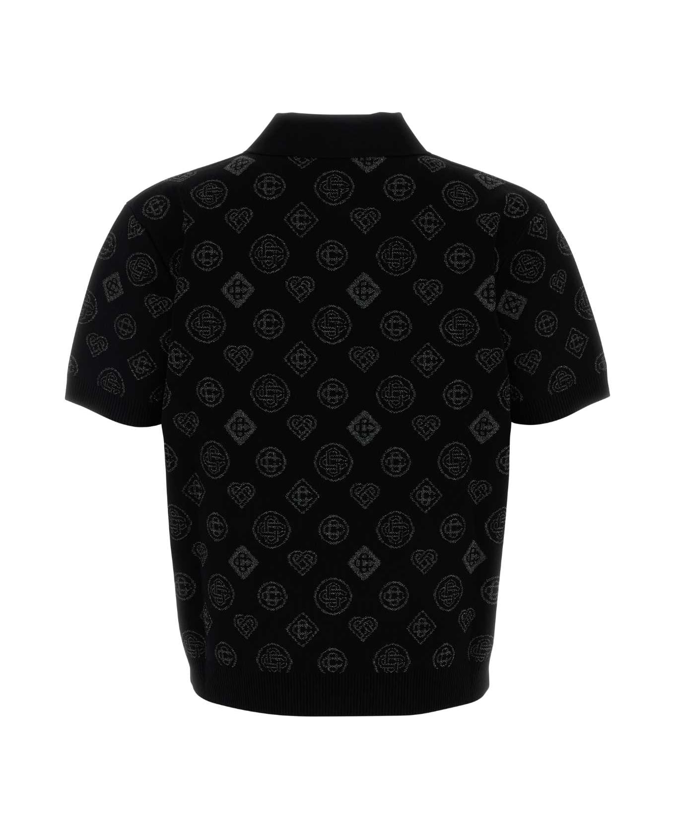 Casablanca Embroidered Viscosa Blend Polo Shirt - BLACK