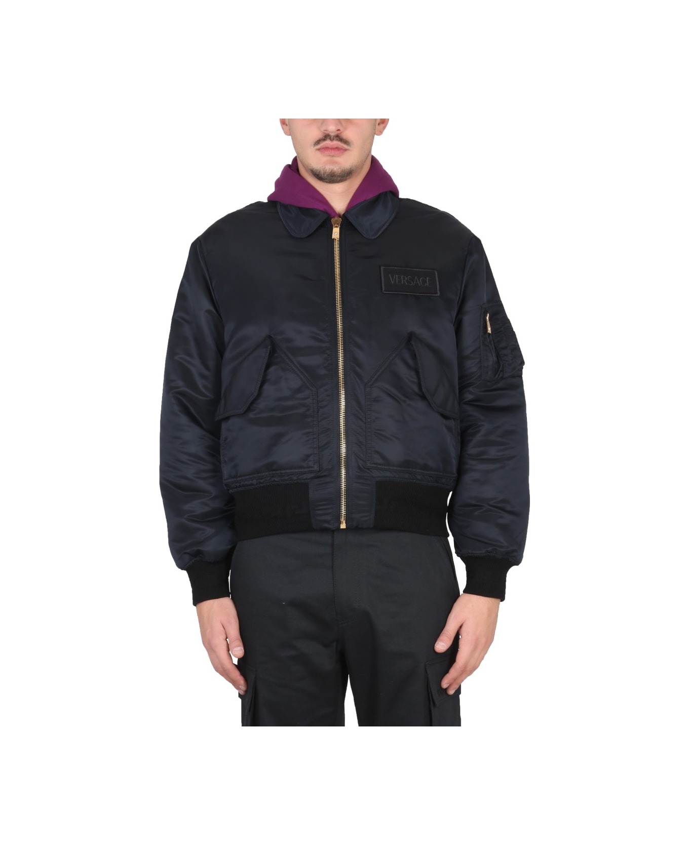 Versace Bomber Jacket With Applied Logo - BLACK