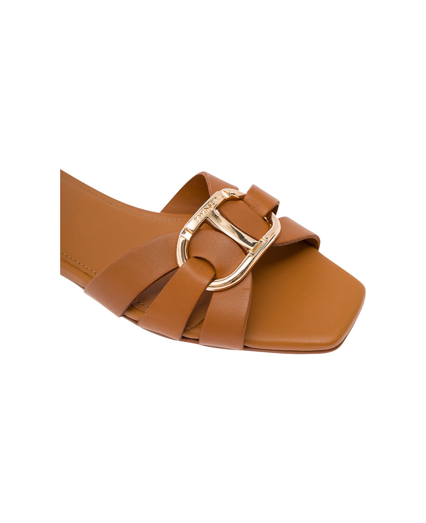 TwinSet Brown Mules With Oval T Logo In Leather Woman - Brown