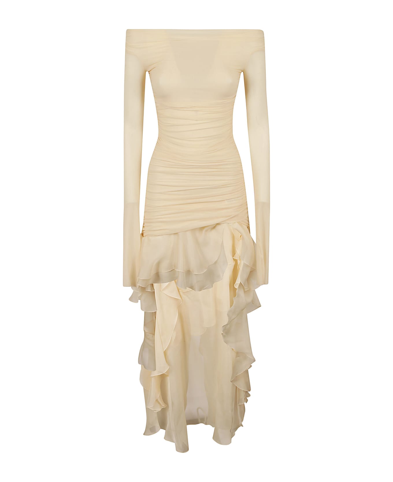 Blumarine Asymmetric Ruffled Off-shoulder Dress - Cream ワンピース＆ドレス