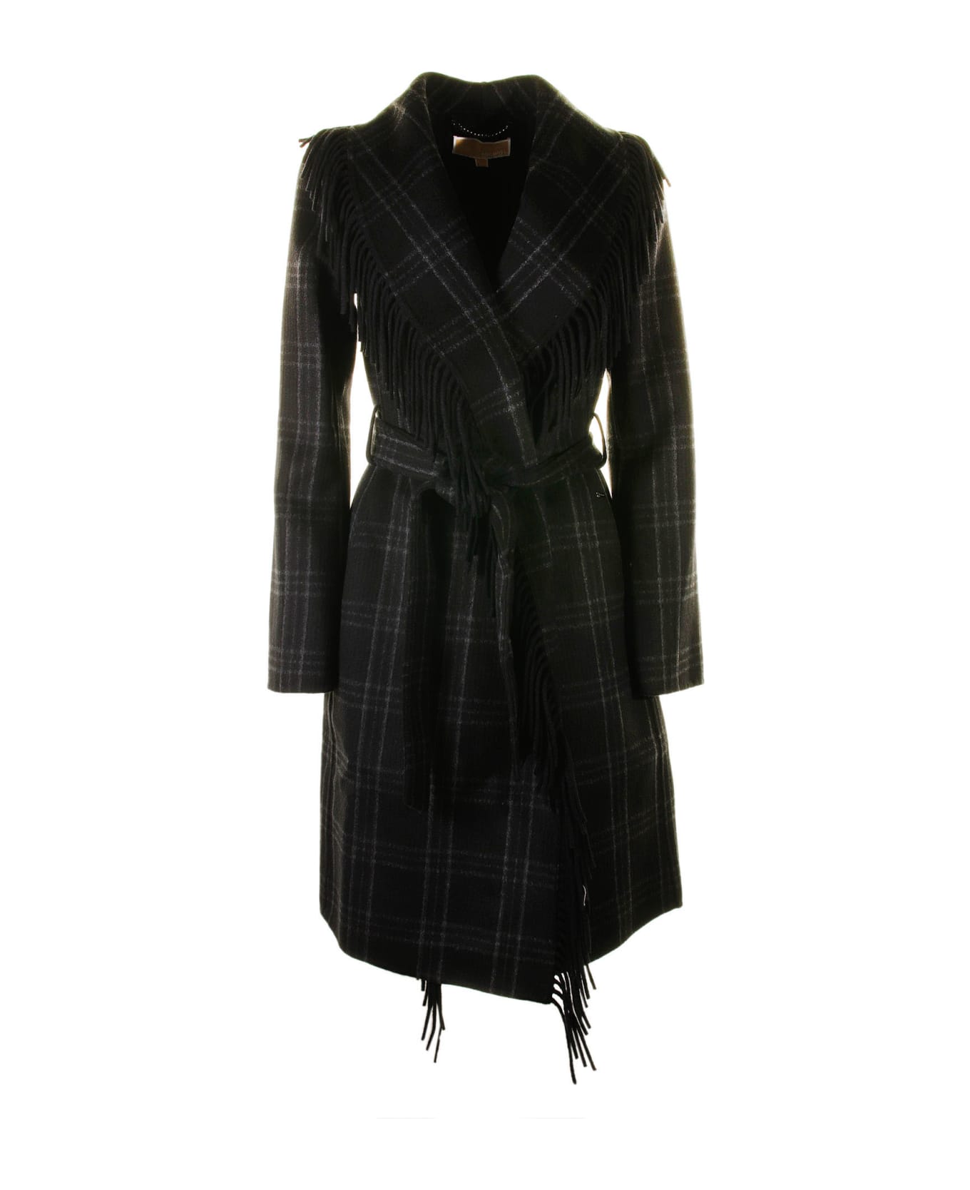 Michael Kors Wool Blend Coat With Belt And Fringes - BLACK PLAID