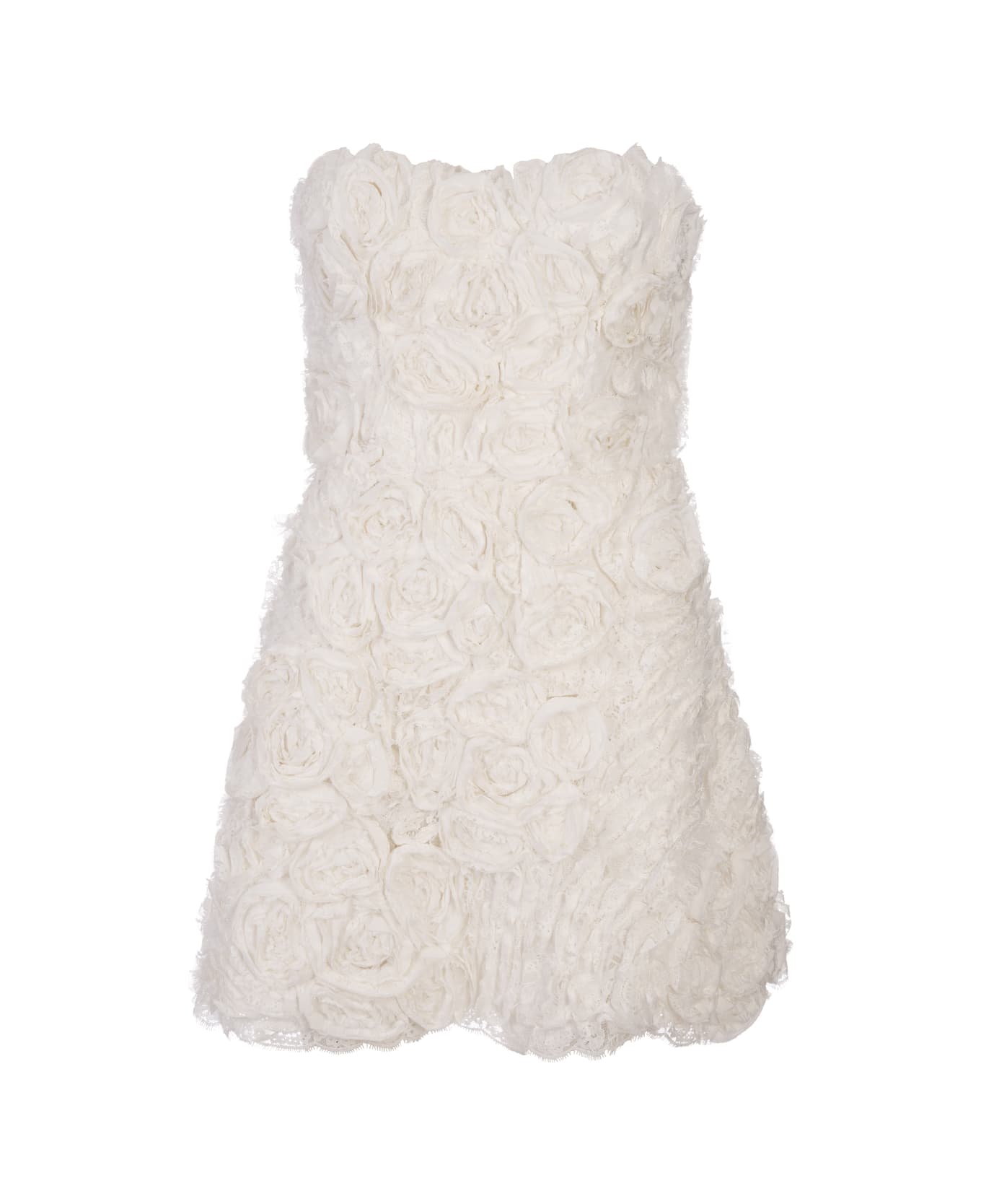 Ermanno Scervino Sculpture Dress In White Lace With Applied Roses - White