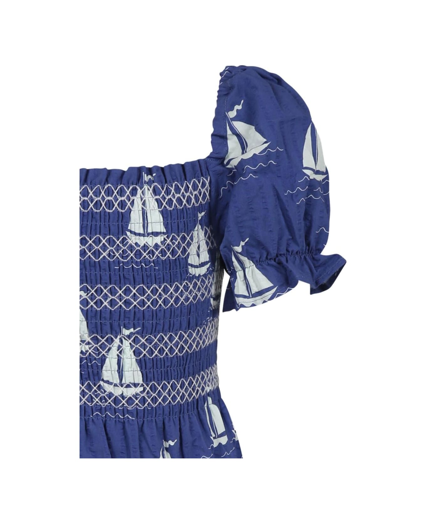 Mini Rodini Blue Dress With Square Neckline And All-over Boat Print In Cotton Girl - Blu