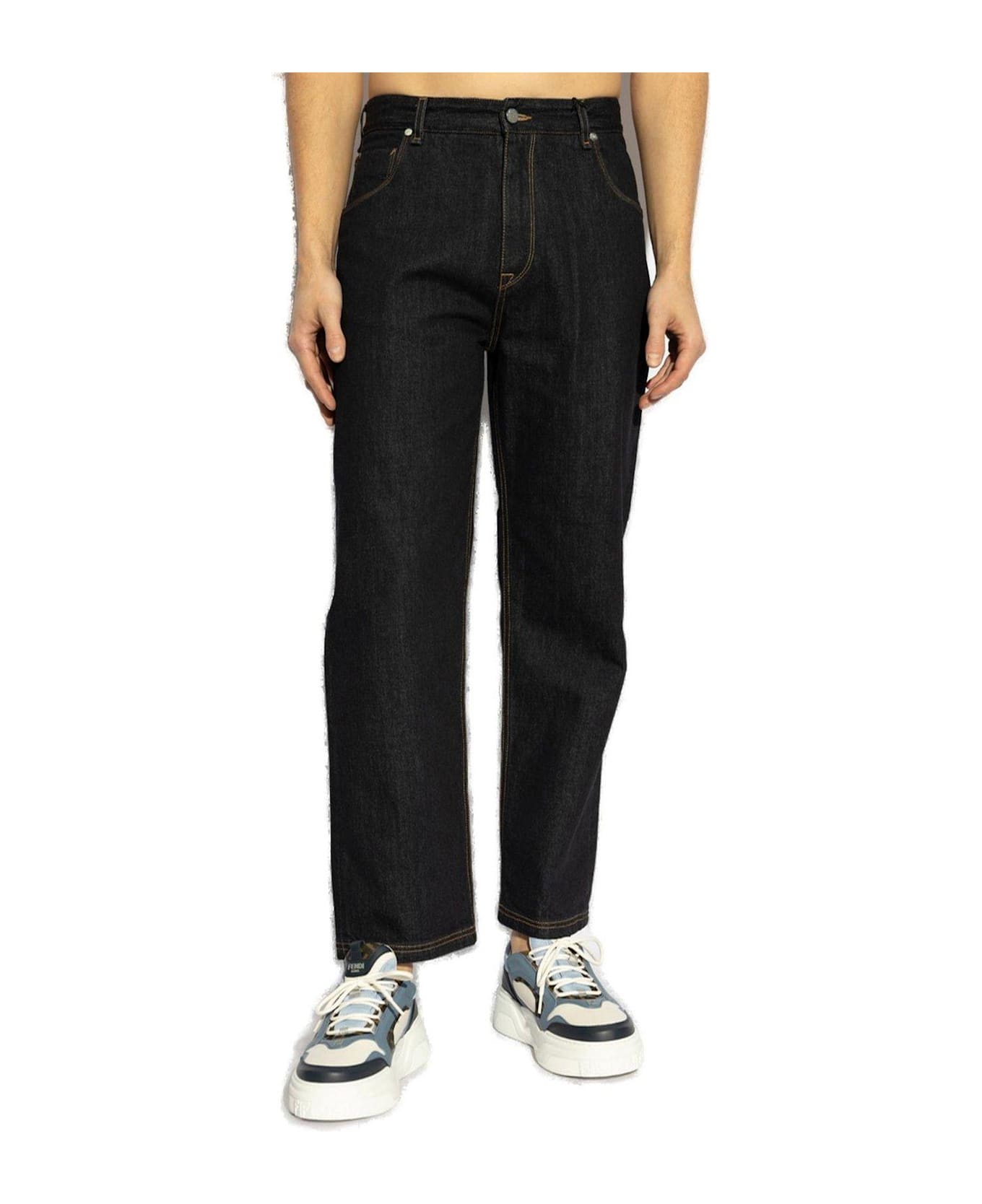 Fendi Crest Embroidered Straight-leg Long Jeans - BLUE