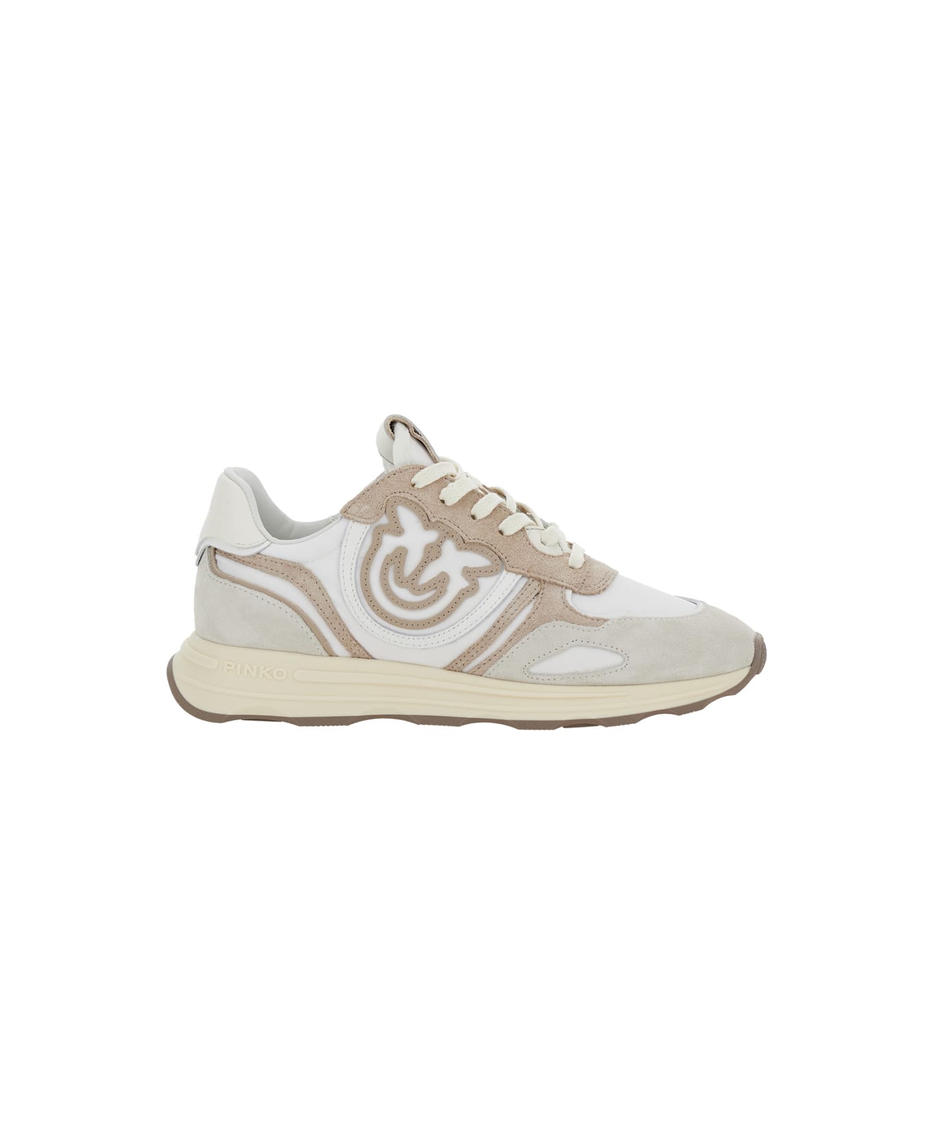 Pinko 'zoe' Beige Low-top Sneaker With Love Birds Diamond Cut Logo In Suede And Tech Fabric Woman - Beige