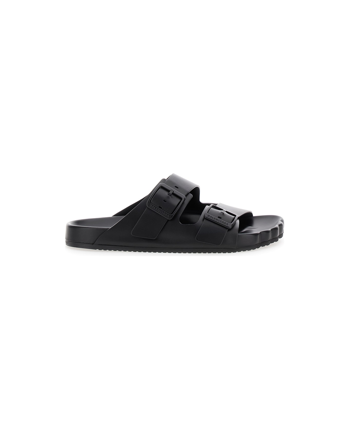 Balenciaga 'sunday' Black Sandals With Engraved Logo In Leather Woman - Black