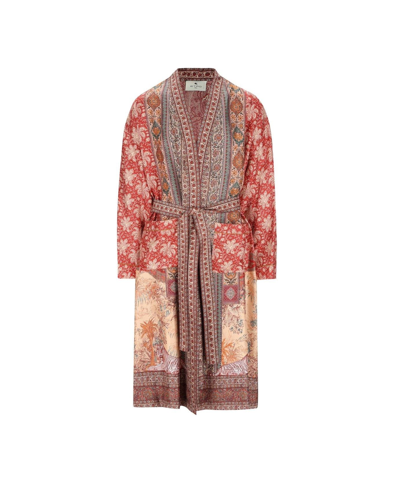 Etro Floral Printed Belted Coat - ORANGE