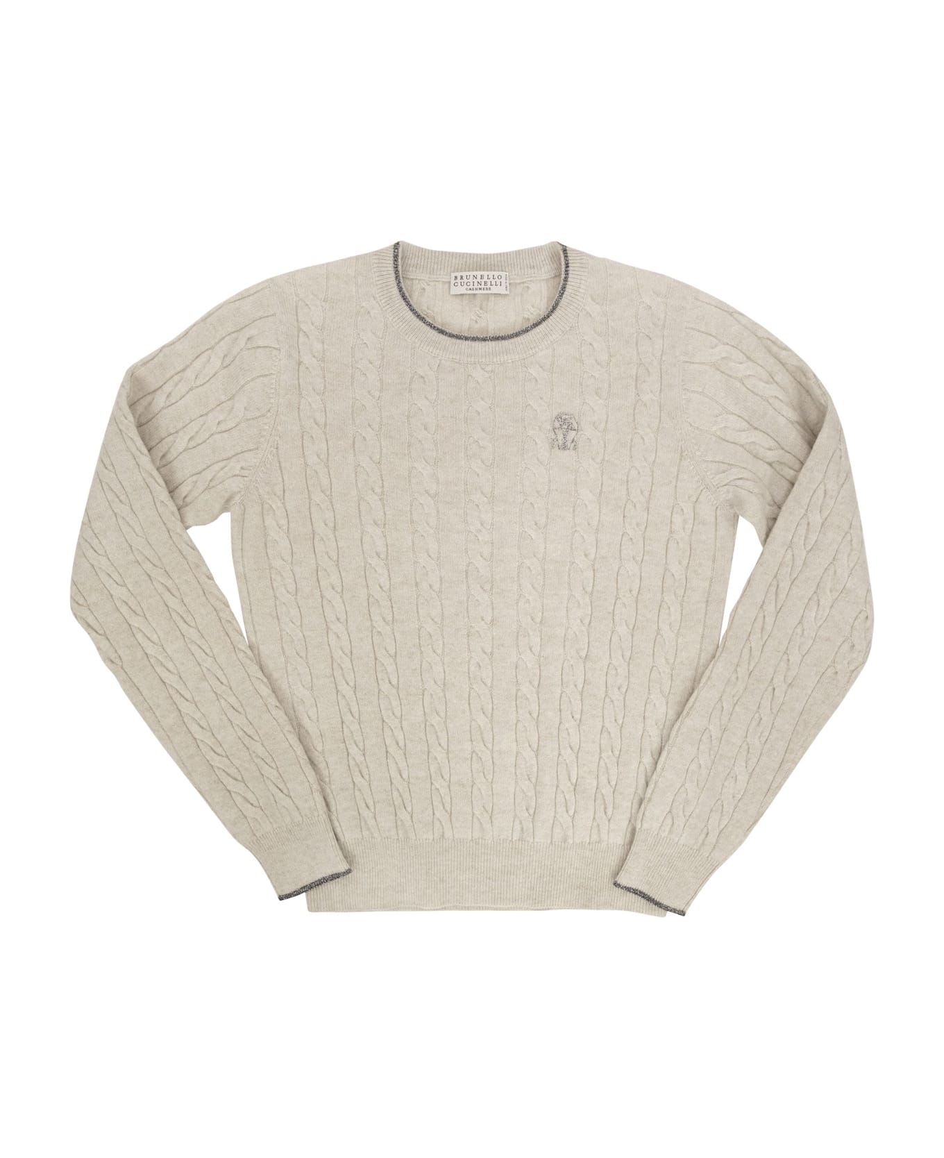 Brunello Cucinelli Braided Cashmere Sweater With Embroidered Logo - Grey