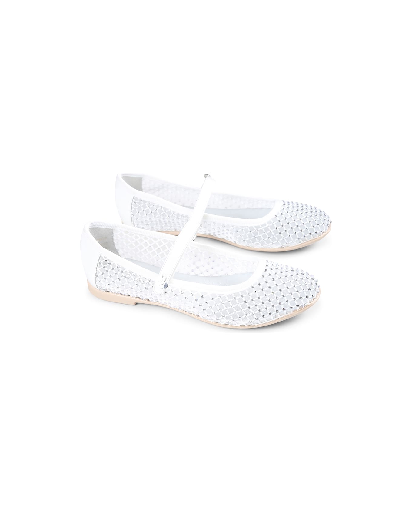 Monnalisa White Ballet Flats For Girl With Rhinestones - White