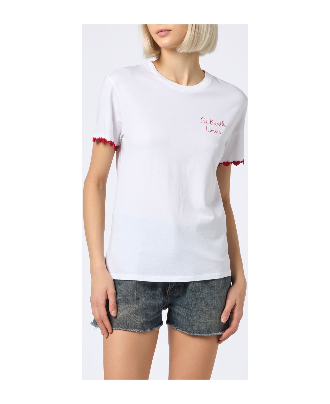 MC2 Saint Barth Woman Cotton Jersey Crewneck T-shirt Emilie With St. Barth Lover Embroidery - WHITE