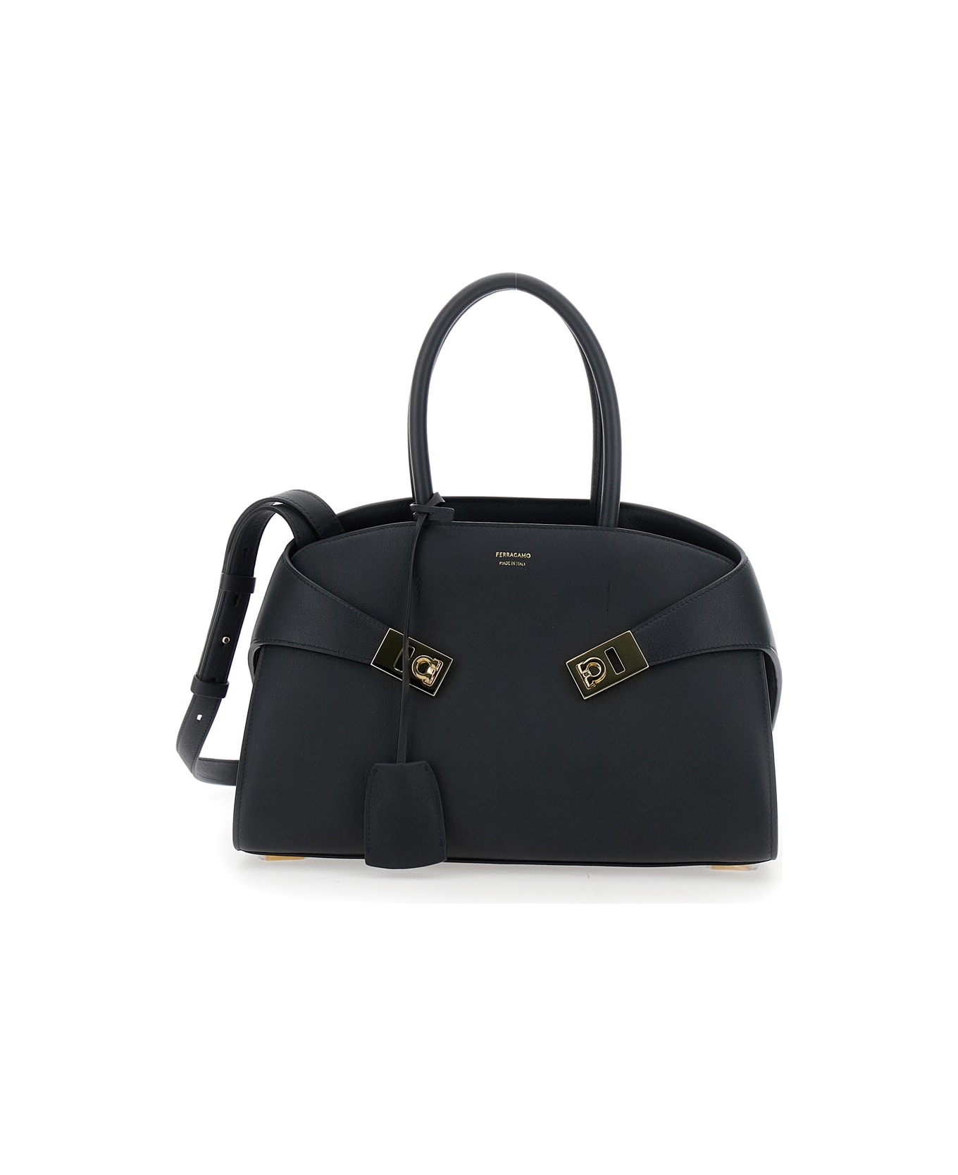 Ferragamo 'hug S' Black Handbag With Logo And Gancini Buckle In Leather Woman - Black
