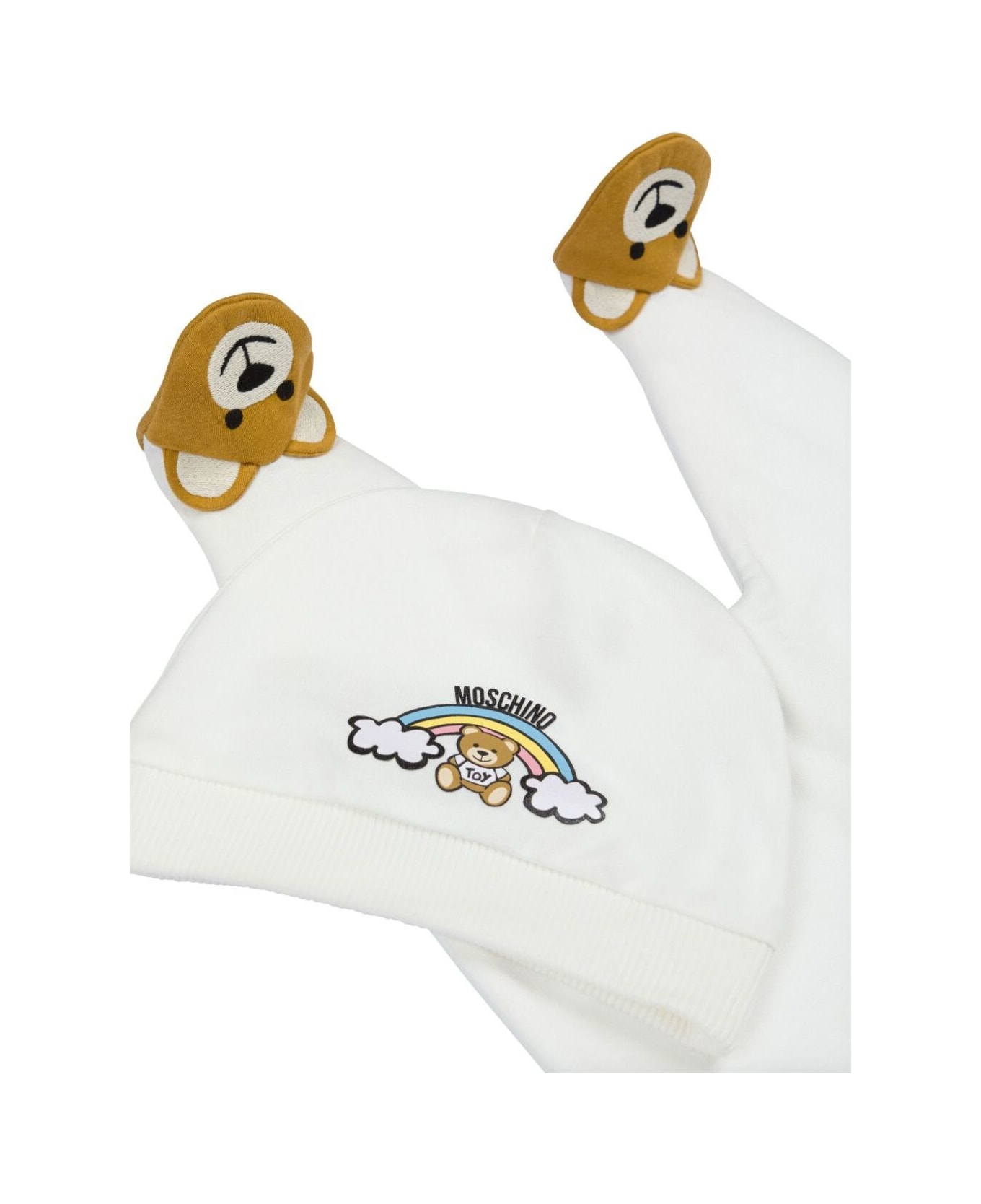 Moschino White Set With One-piece And Beanie With Logo Detail In Cotton Baby - White