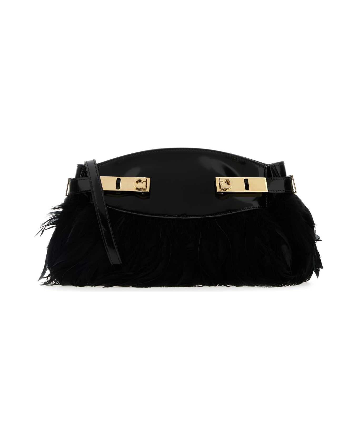 Ferragamo Black Leather And Feathers Hug Clutch - NERO