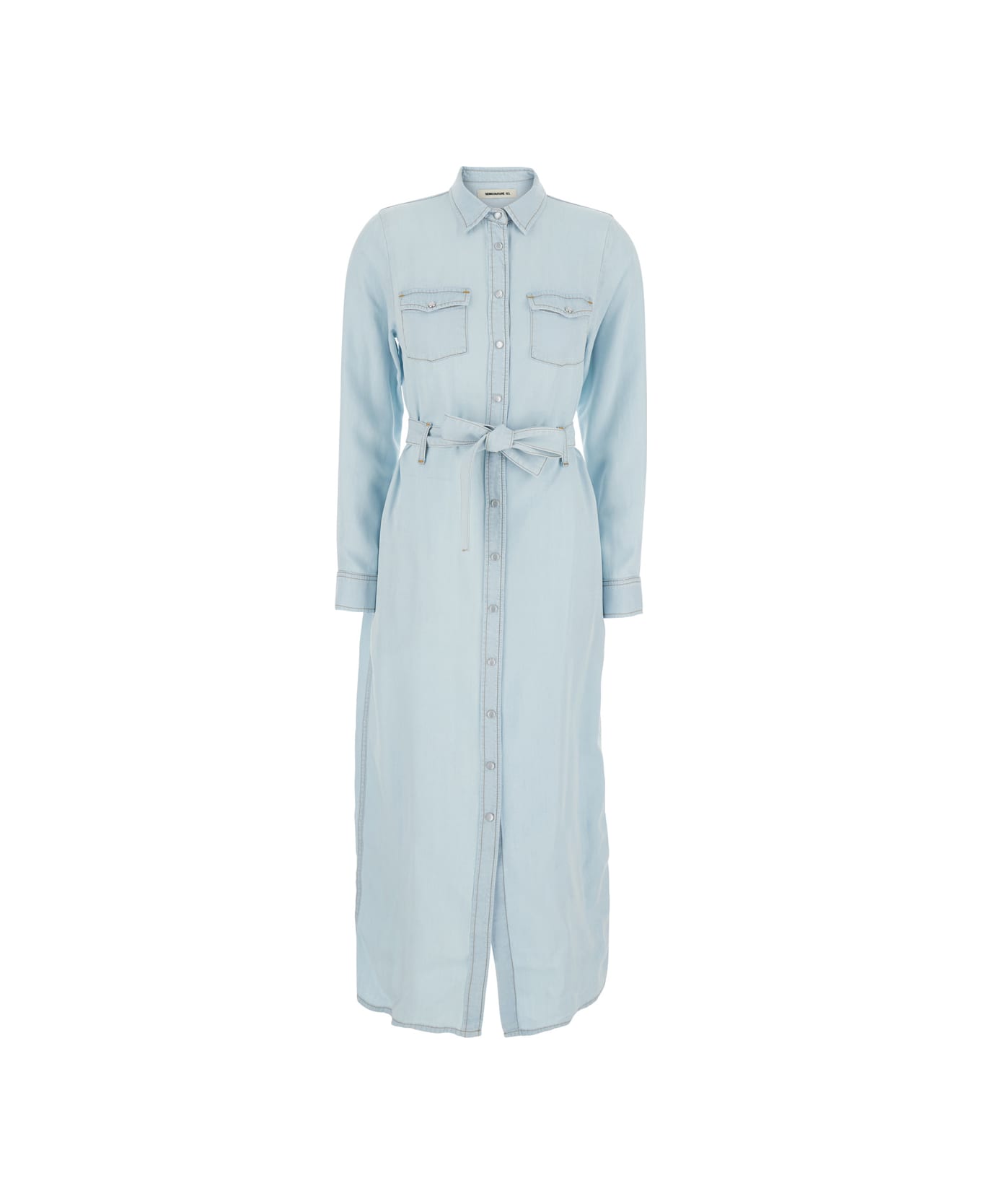 SEMICOUTURE 
artemia
 Light Blue Long Dress With Chest Patch Pockets And Waist Belt In Fabric Woman - Light blue