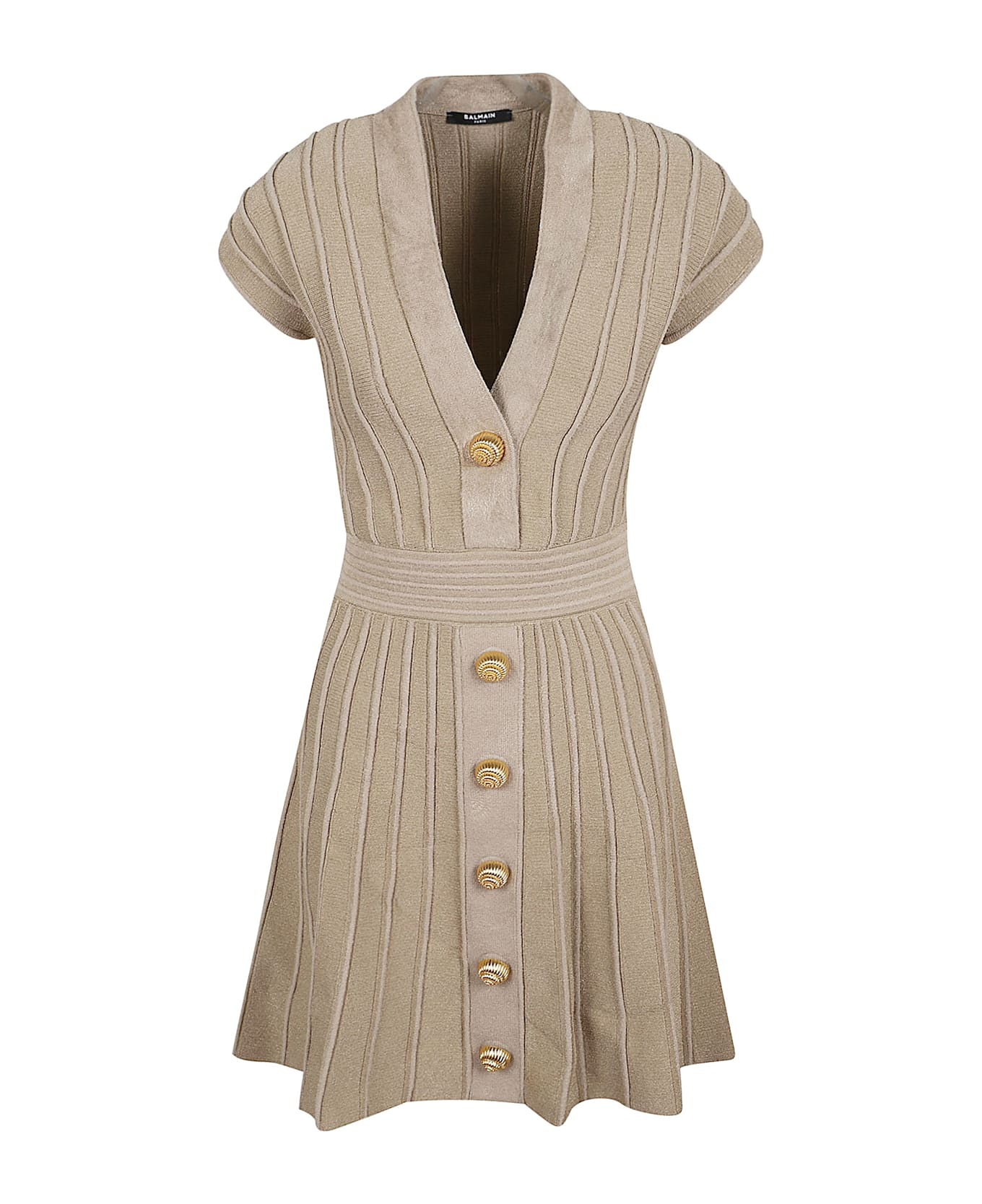 Balmain Ss Btn V-neck Velvet Flare Short Dress - Fk Beige