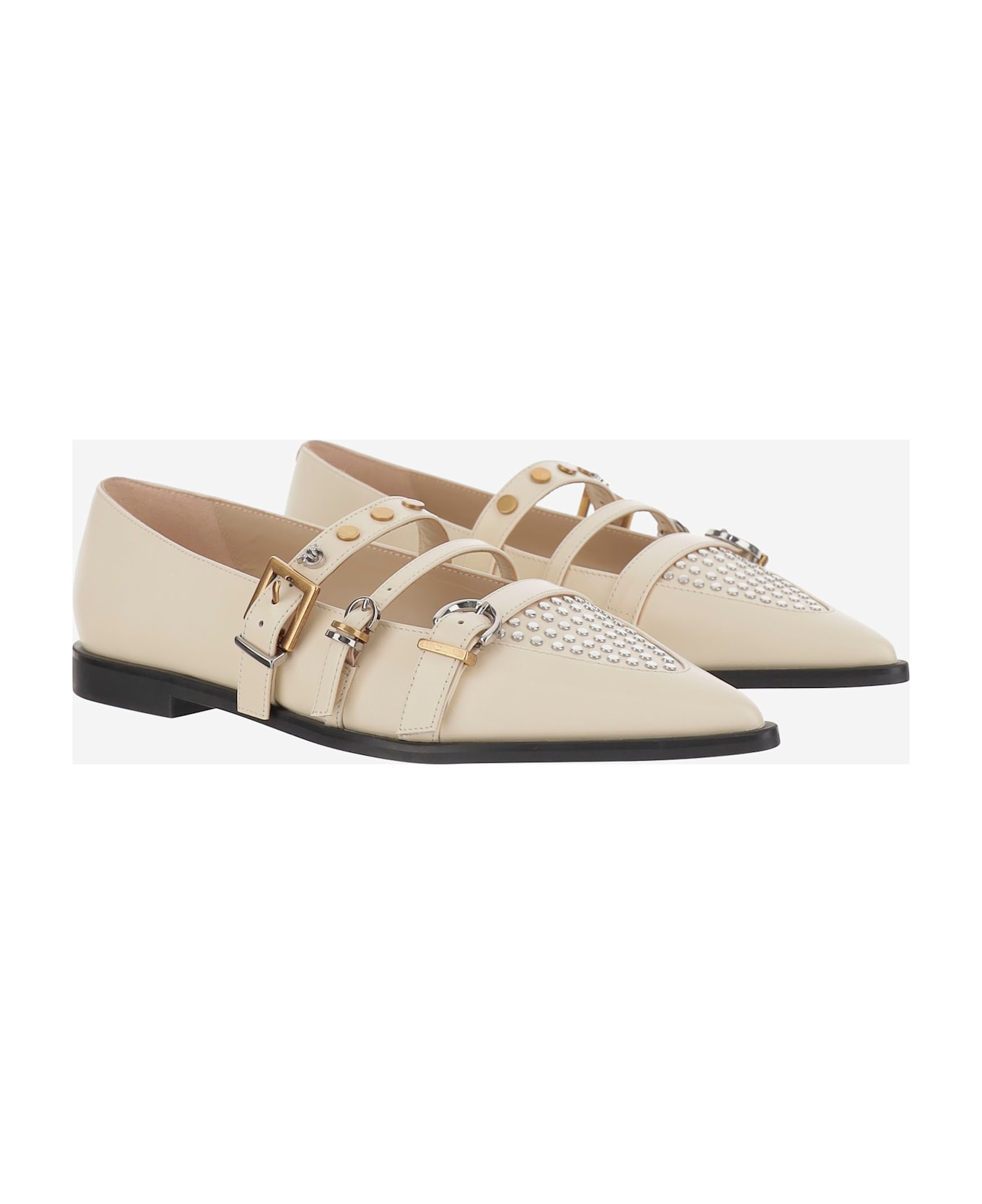 Pinko Pointy Toe Shoe With Leather Buckles - Ivory