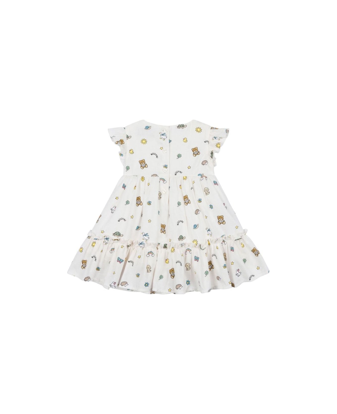 Moschino White Dress With Flared Skirt And All-over Print In Cotton Baby - White