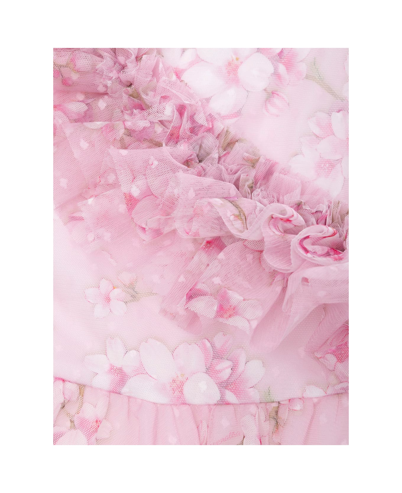 Monnalisa 'compleanno' Pink Dress With Maxi Ruches And All-over Floral Embellishments In Tech Fabric Girl - Pink