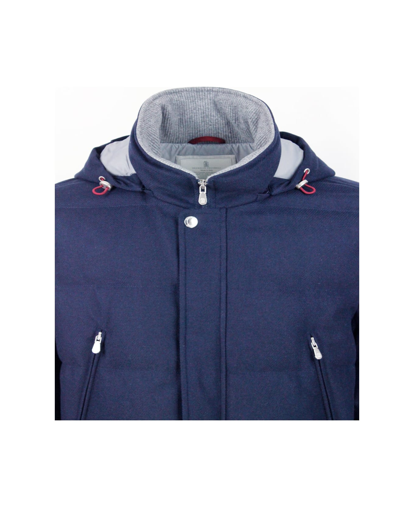 Brunello Cucinelli Down Jacket In Wool, Silk And Cashmere Padded With Fine Goose Down With Detachable Hood And Front Pockets - Blu