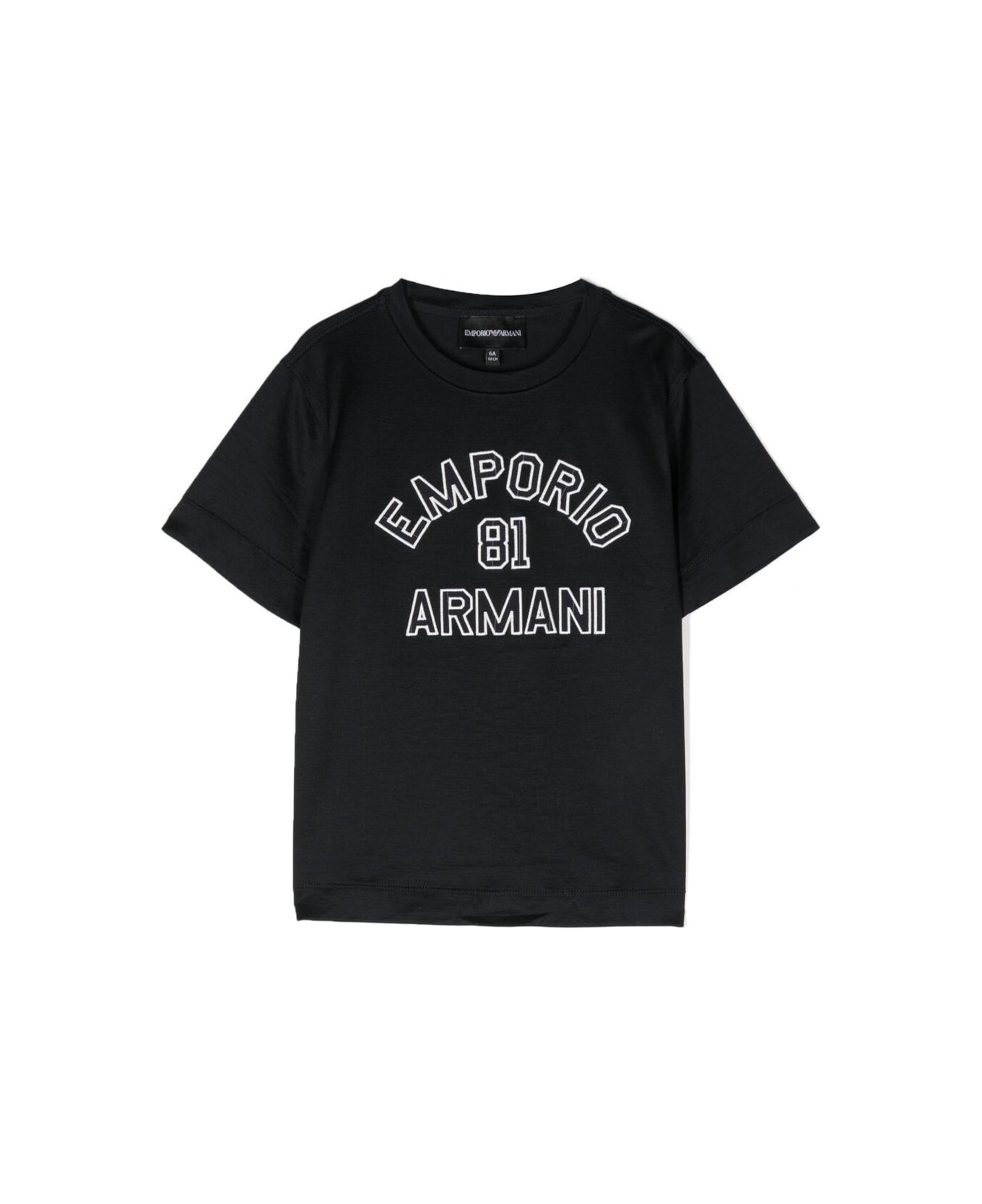 Emporio Armani Black Crewneck T-shirt With Contrasting Logo Lettering Print In Cotton Blend Boy - Blu
