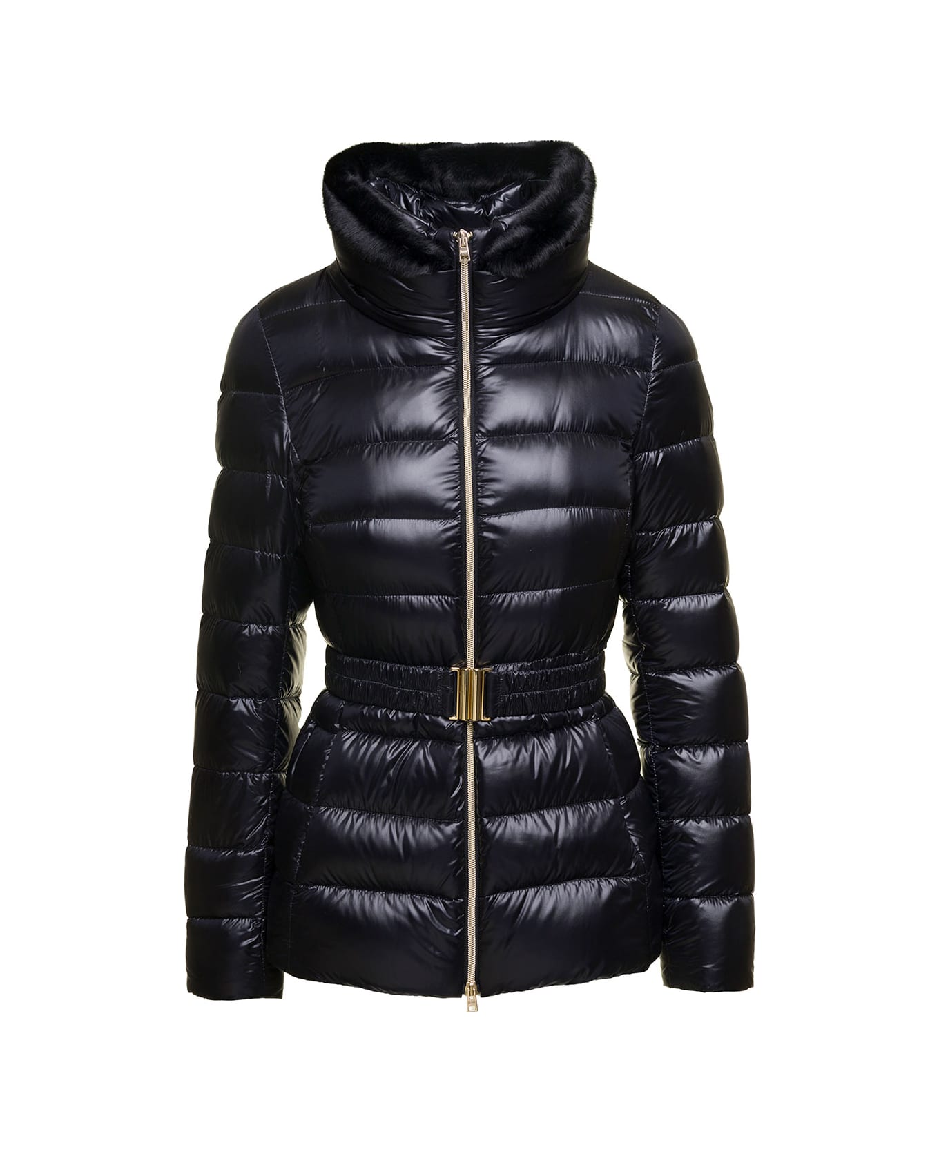 Herno 'claudia' Black Down Jacket With Fur Trim And Belt In Nylon Woman - Black