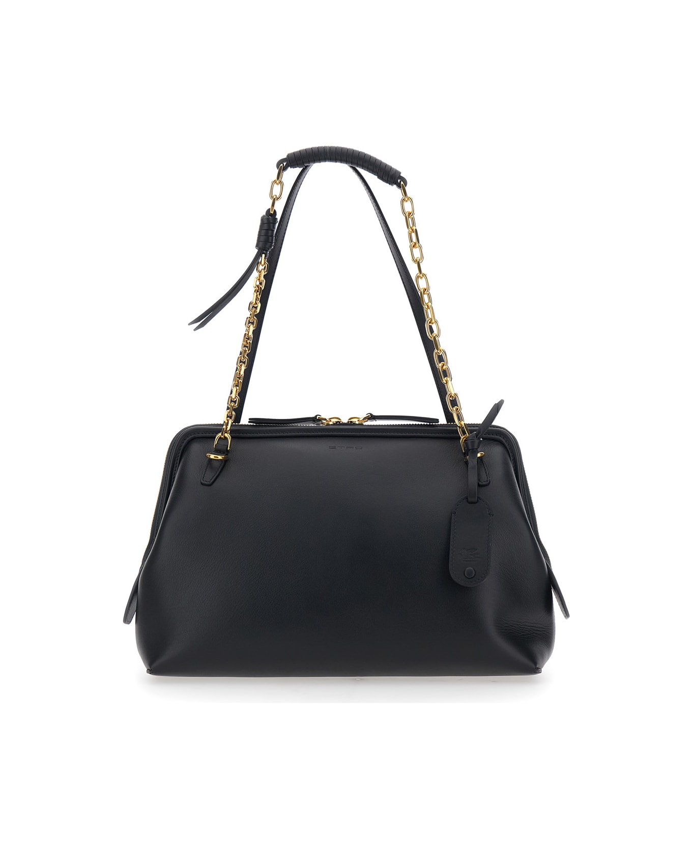 Etro Black Shoulder Bag With Chain-link Shoulder Strap And Tag With Embossed Logo On The Front In Leather Woman - Black