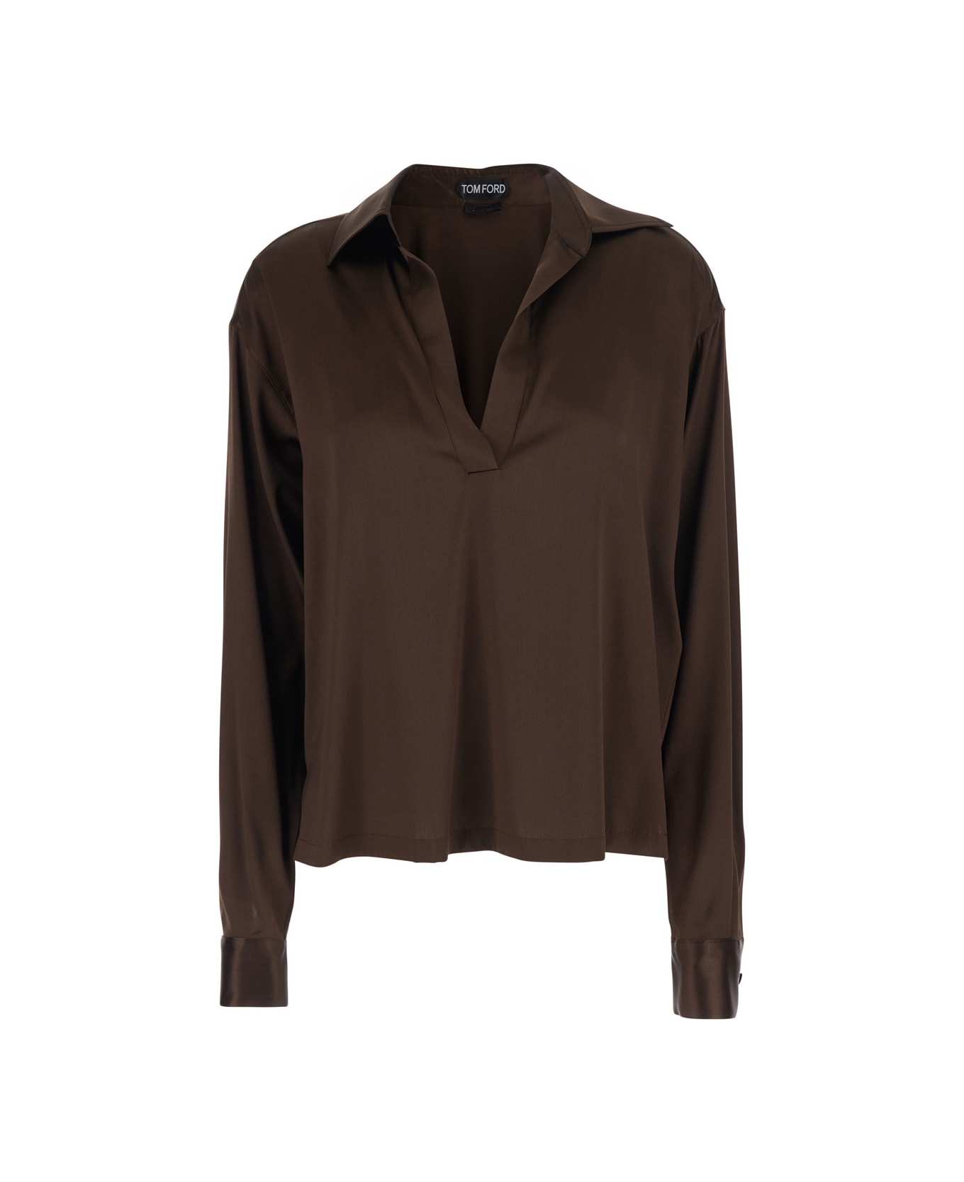 Tom Ford Brown Blouse With V Neck And Wide Pointed Collar In Silk Stretch Woman - Brown