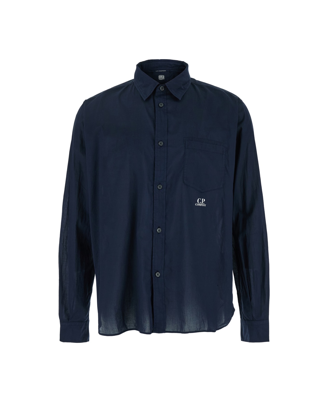 C.P. Company Blue Shirt With Classic Collar And Logo Lettering On The Front In Cotton Man - Blu